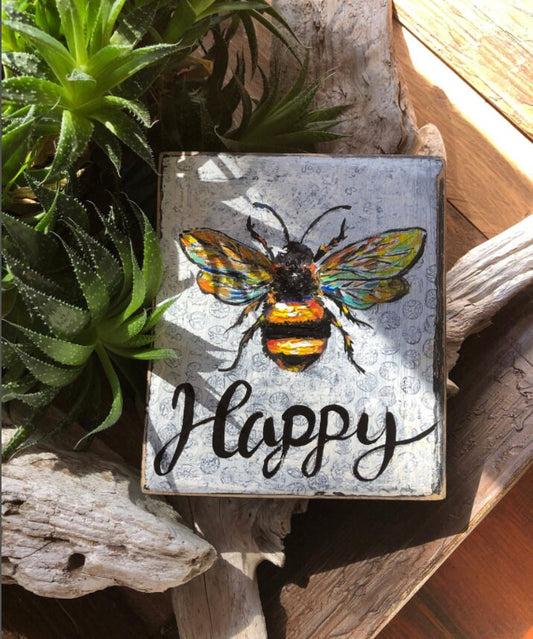 Be happy sign, bee happy, Bee painting, Bee decor, Bee decorations, farmhouse decor, Happy decor, Bee art, Bee happy sign, Bee artwork