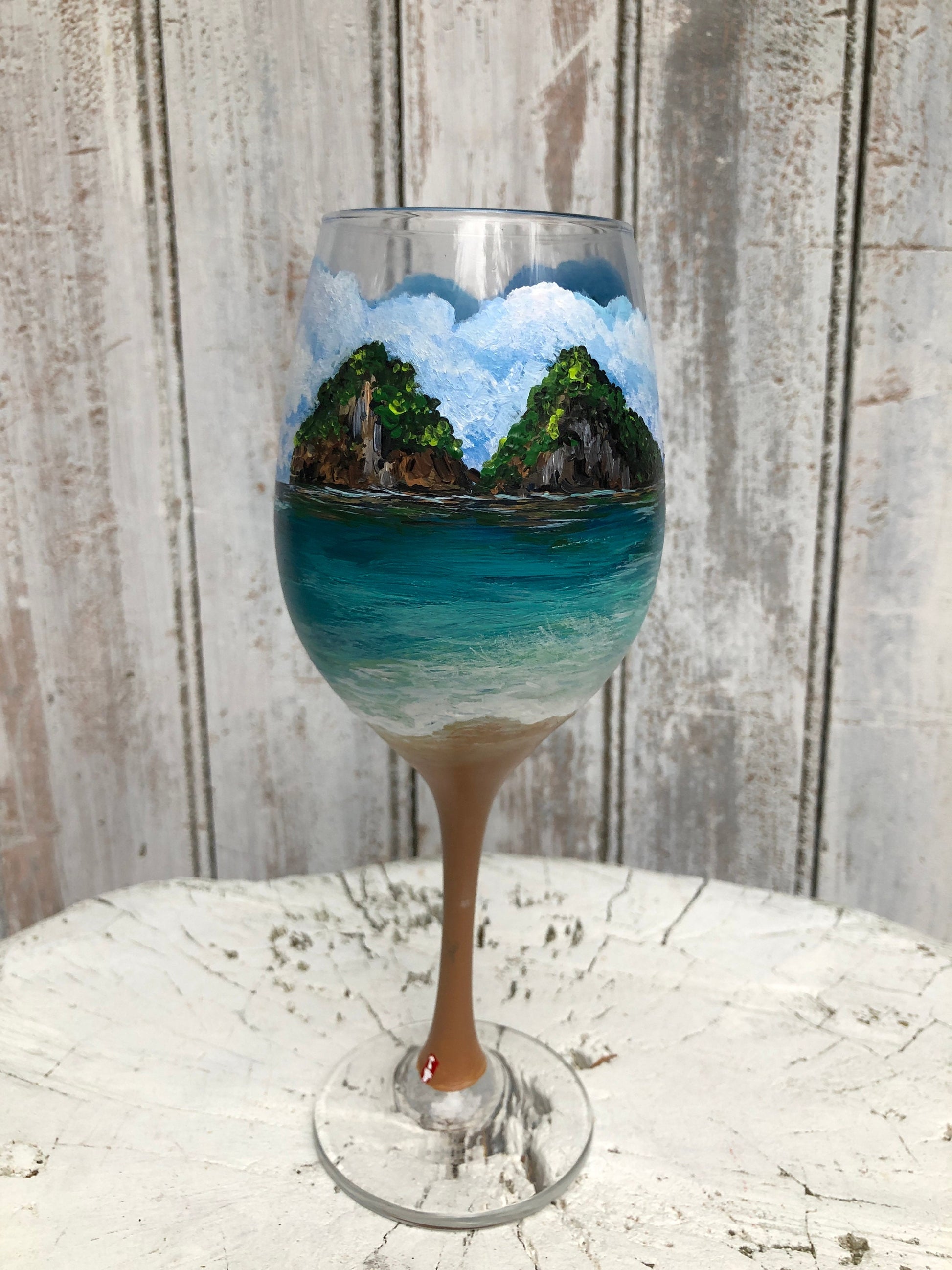 Hand Painted Custom Wine Glass: Personalized Landscape Travel Gift