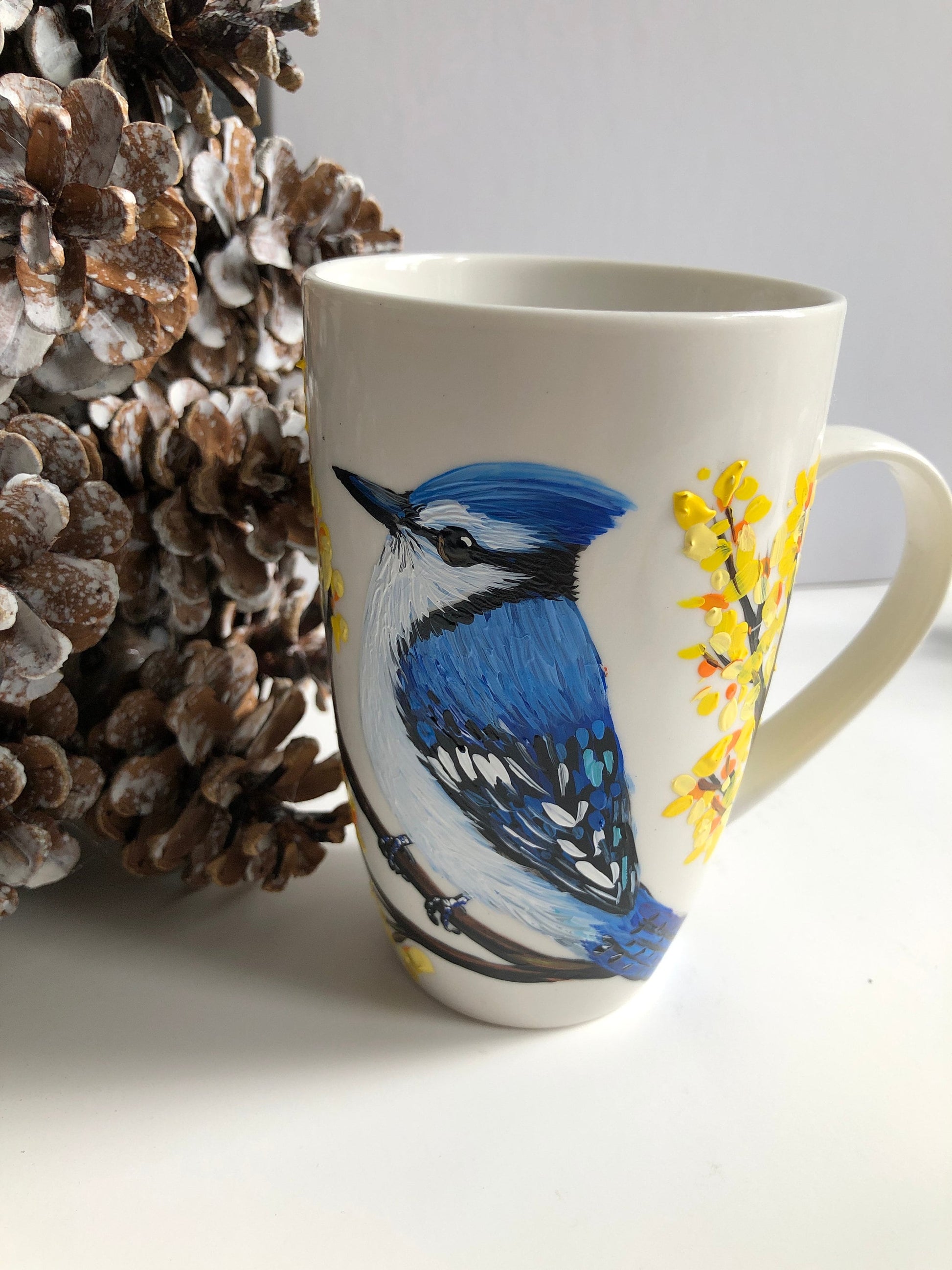 Hand Painted Blue Jay Gift Set: Mug, Ornament & Agate Pendant