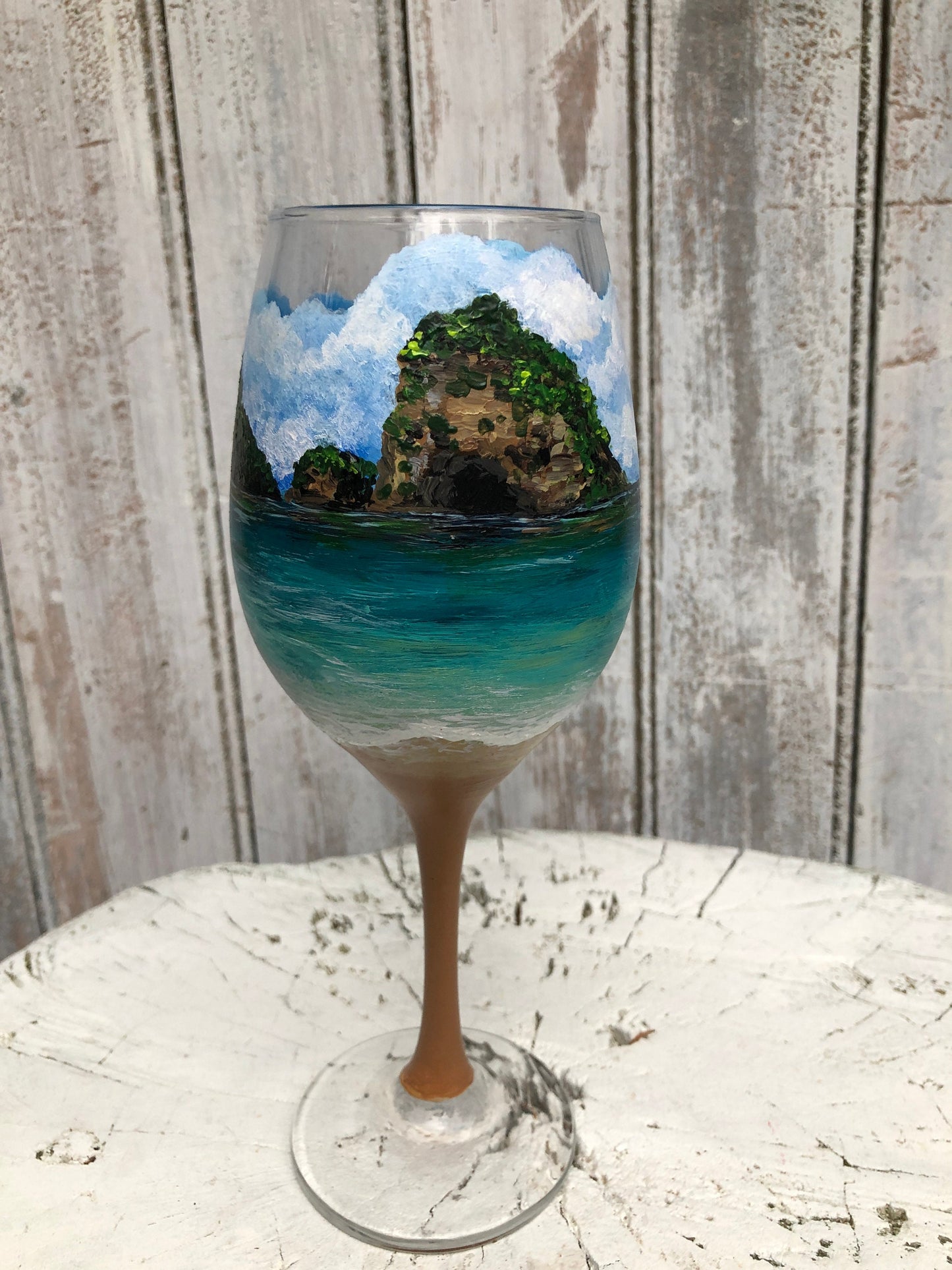 Hand Painted Custom Wine Glass: Personalized Landscape Travel Gift