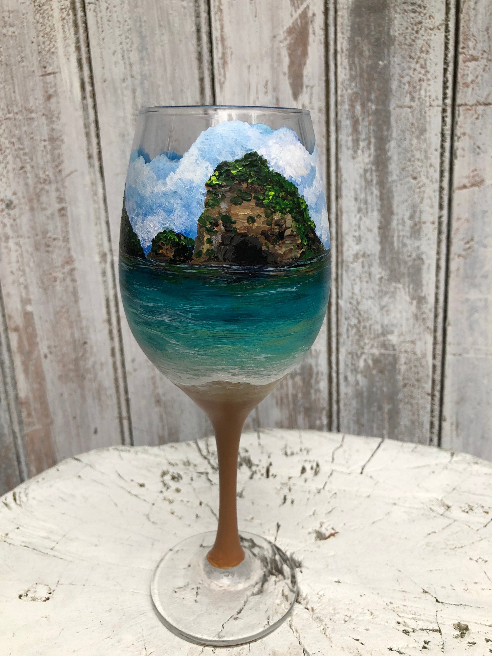 Hand Painted Custom Wine Glass: Personalized Landscape Travel Gift