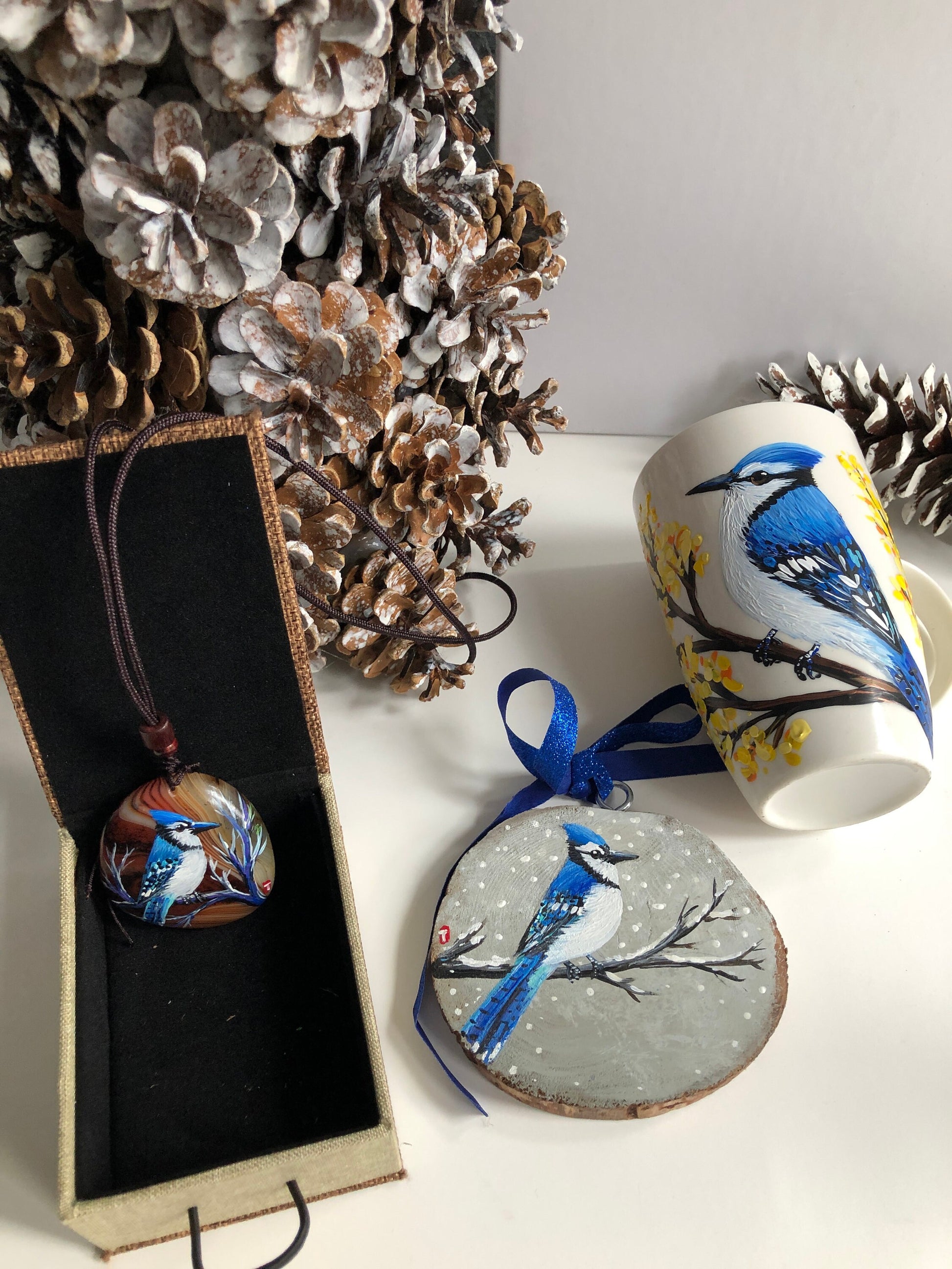Hand Painted Blue Jay Gift Set: Mug, Ornament & Agate Pendant
