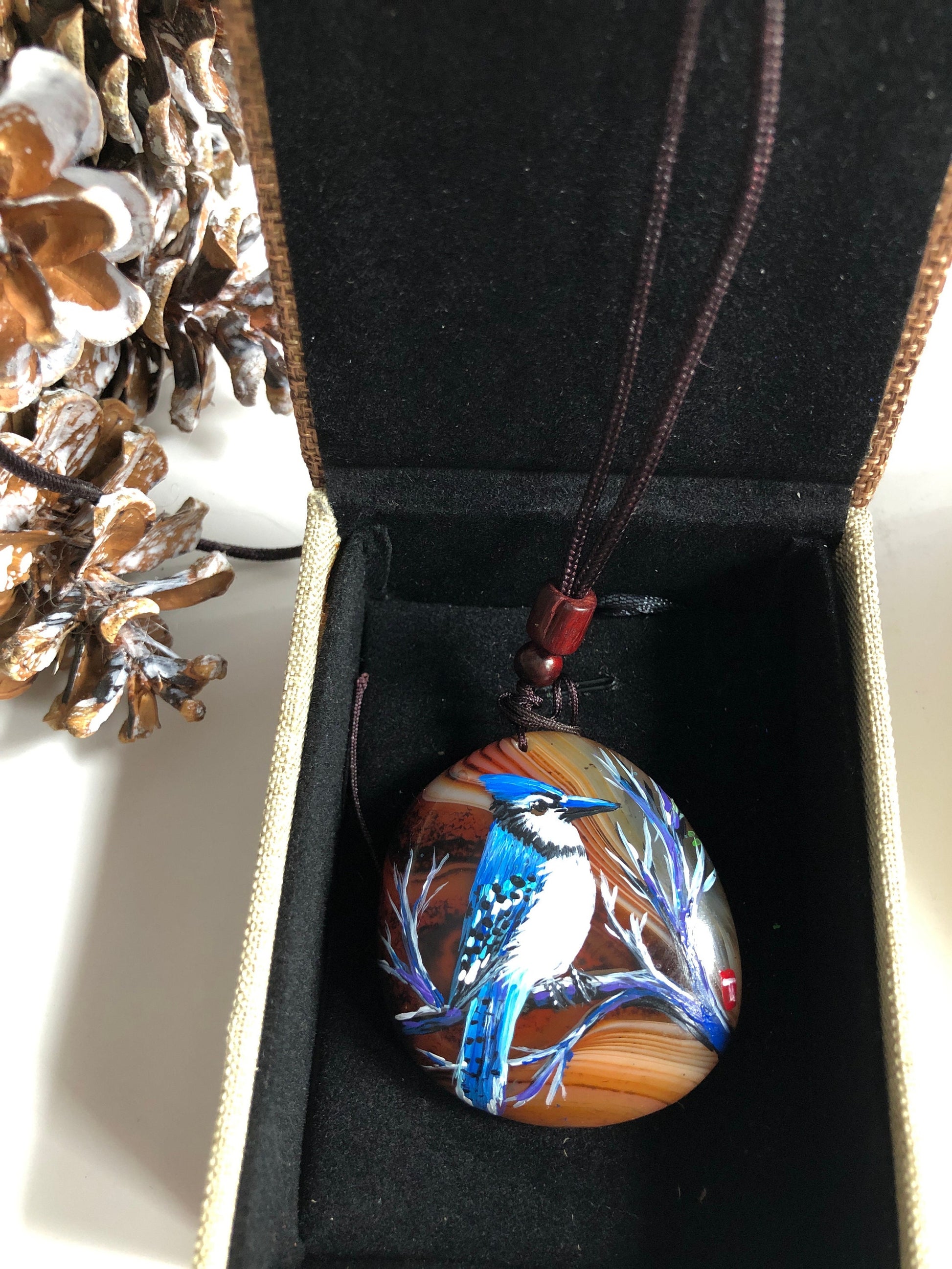 Hand Painted Blue Jay Gift Set: Mug, Ornament & Agate Pendant