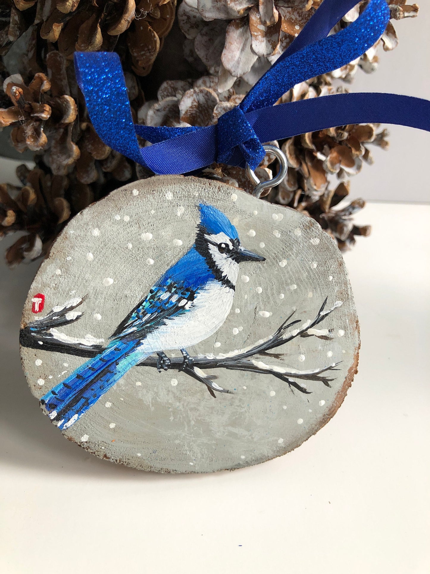 Hand Painted Blue Jay Gift Set: Mug, Ornament & Agate Pendant