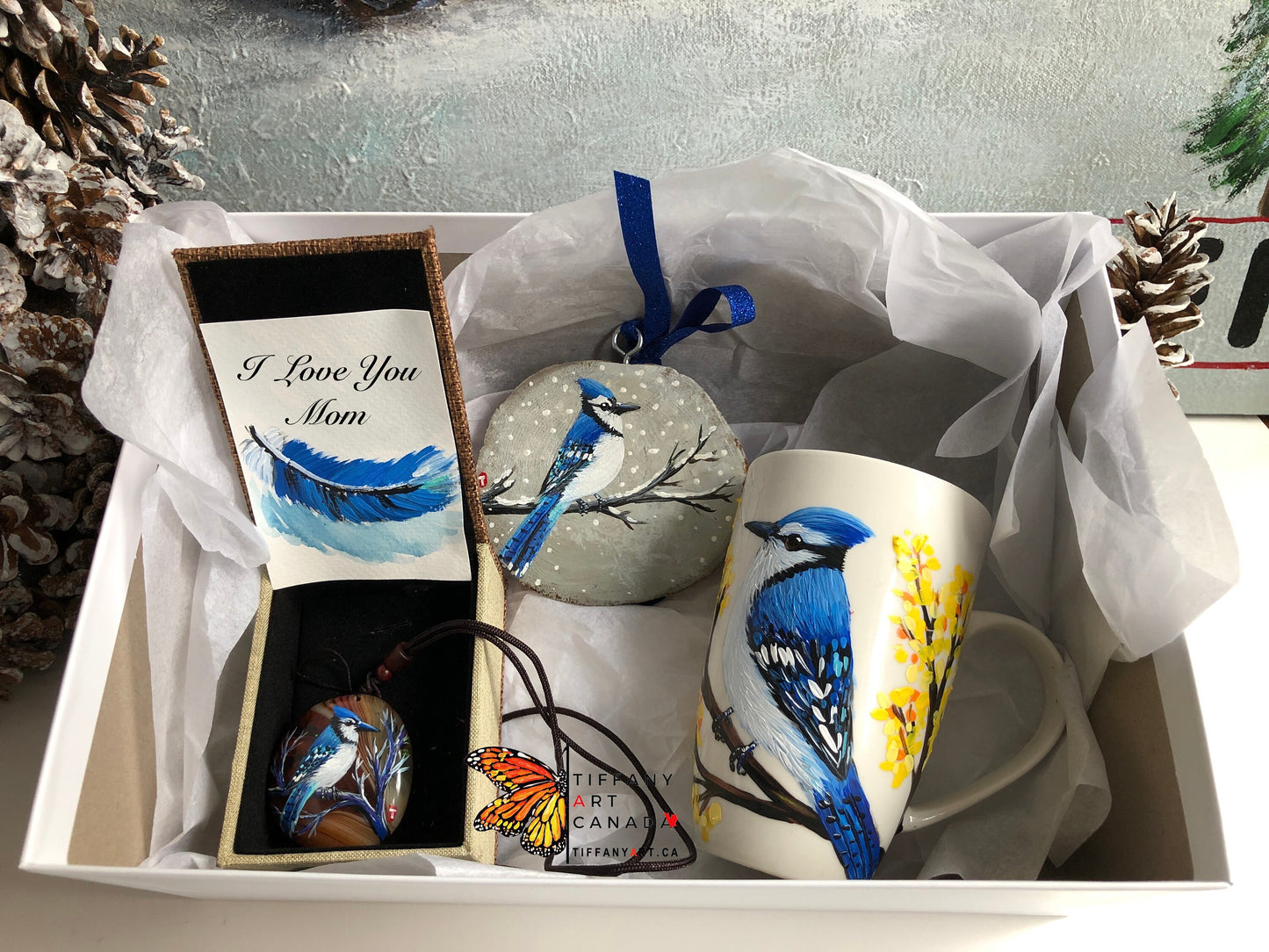 Hand Painted Blue Jay Gift Set: Mug, Ornament & Agate Pendant