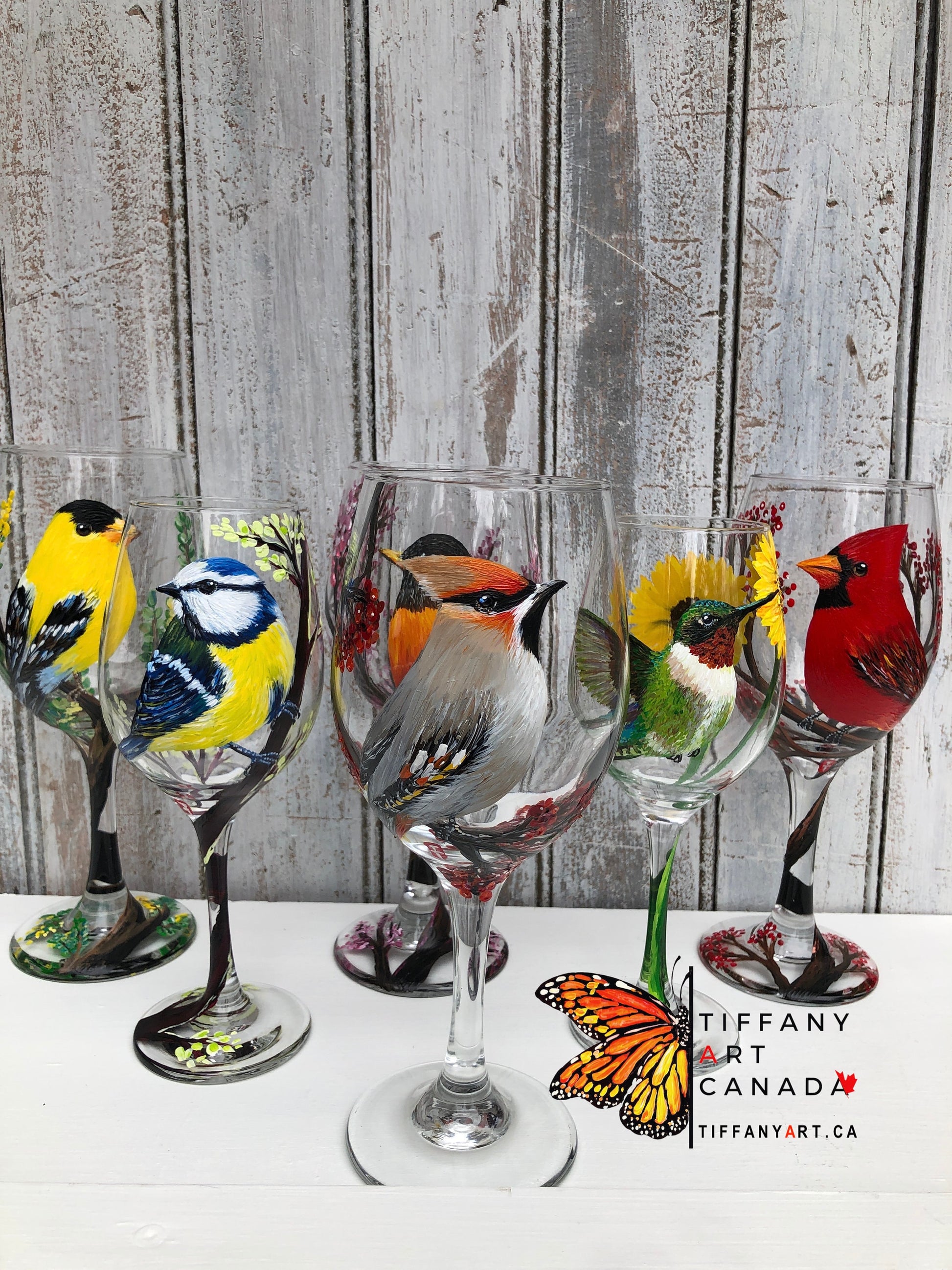Hand-Painted Waxwing Bird Wine Glass: Nature-Inspired Art