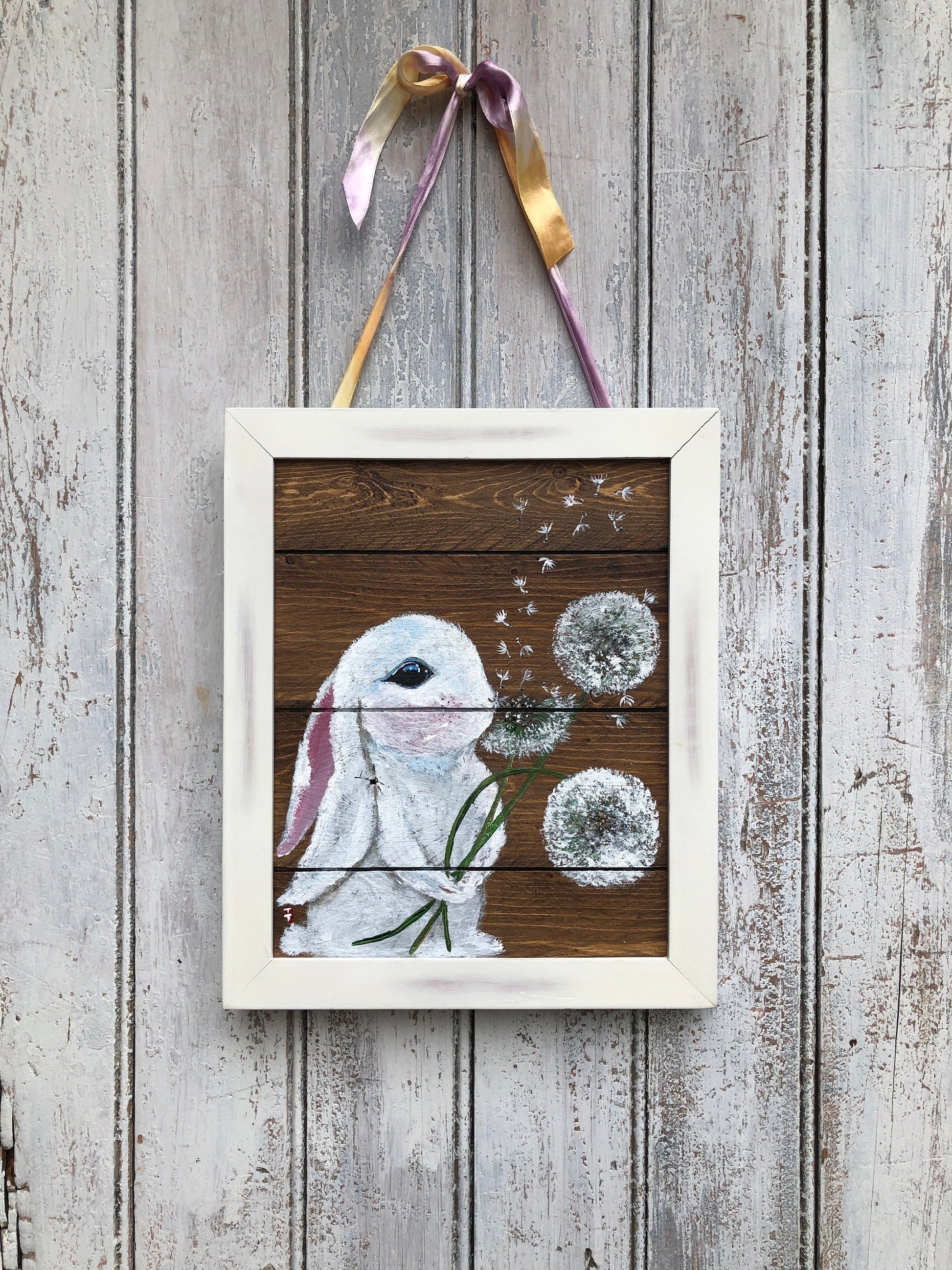 Bunny Painting on Wood, Bunny Decorations, Rabbit and Dandelion Painting, Bunny Lover Gift, Rabbit Birthday Gift, Bunny Gift for Girl Bday