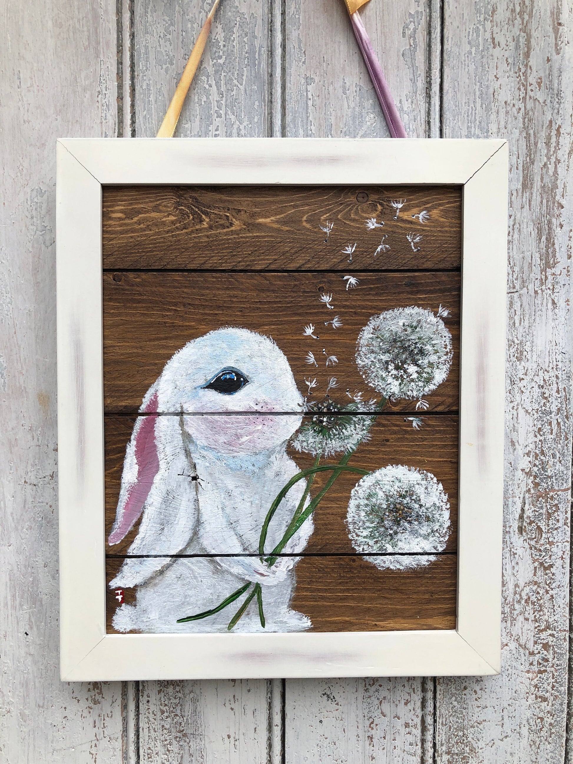 Bunny Painting on Wood, Bunny Decorations, Rabbit and Dandelion Painting, Bunny Lover Gift, Rabbit Birthday Gift, Bunny Gift for Girl Bday