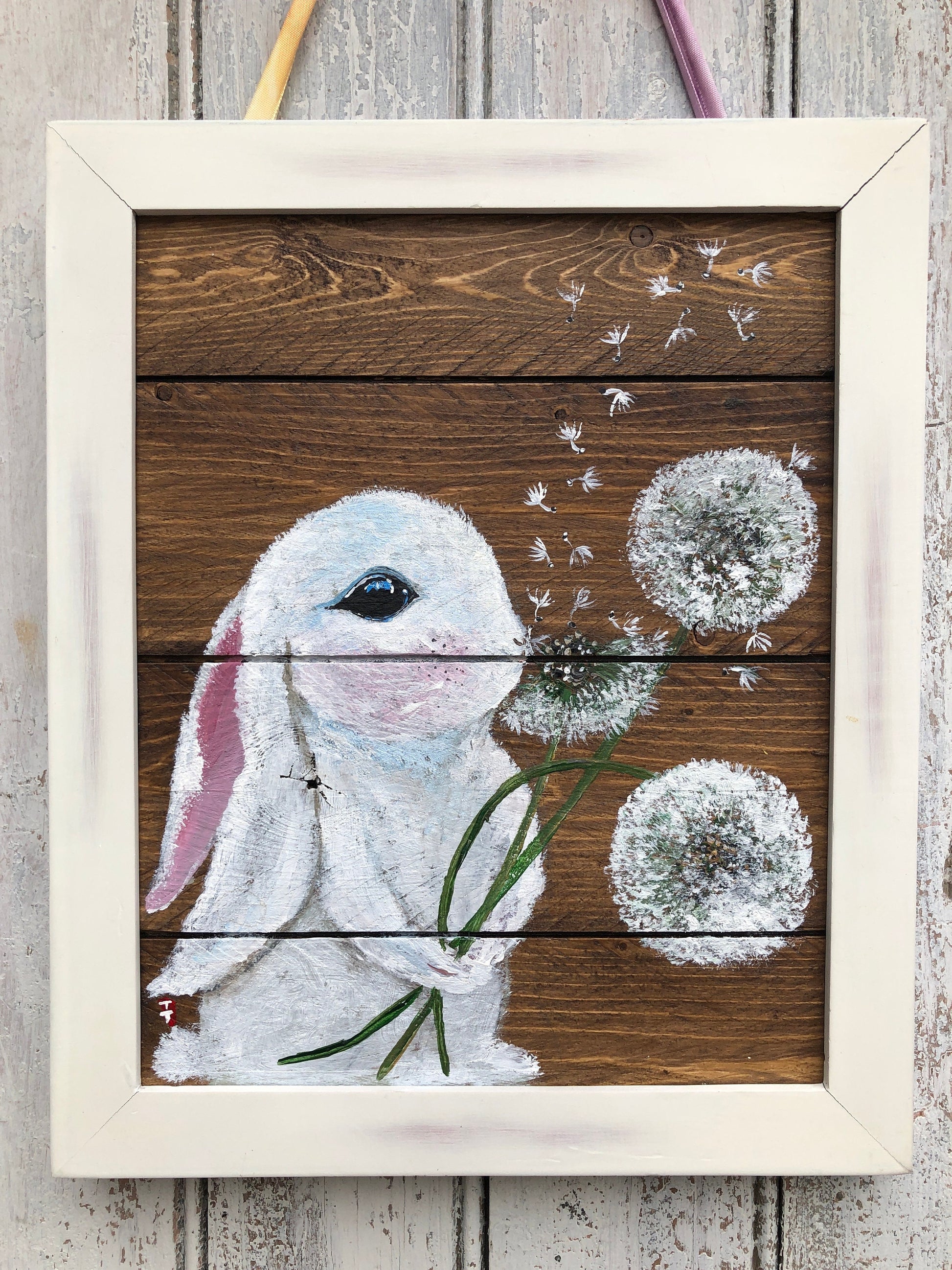 Bunny Painting on Wood, Bunny Decorations, Rabbit and Dandelion Painting, Bunny Lover Gift, Rabbit Birthday Gift, Bunny Gift for Girl Bday