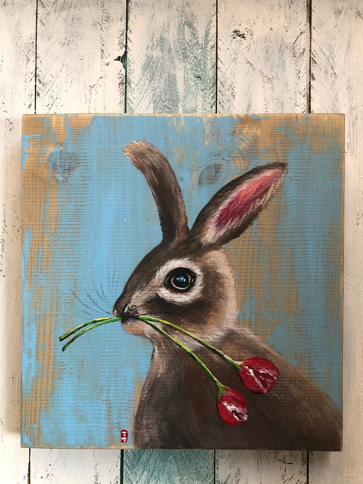 Original Bunny Painting On Wood, Spring Sign, Bunny Lover Gift, Bunny Cardinal, Easter Rabbit Painting, Gift for Mom, Gift for Grandma