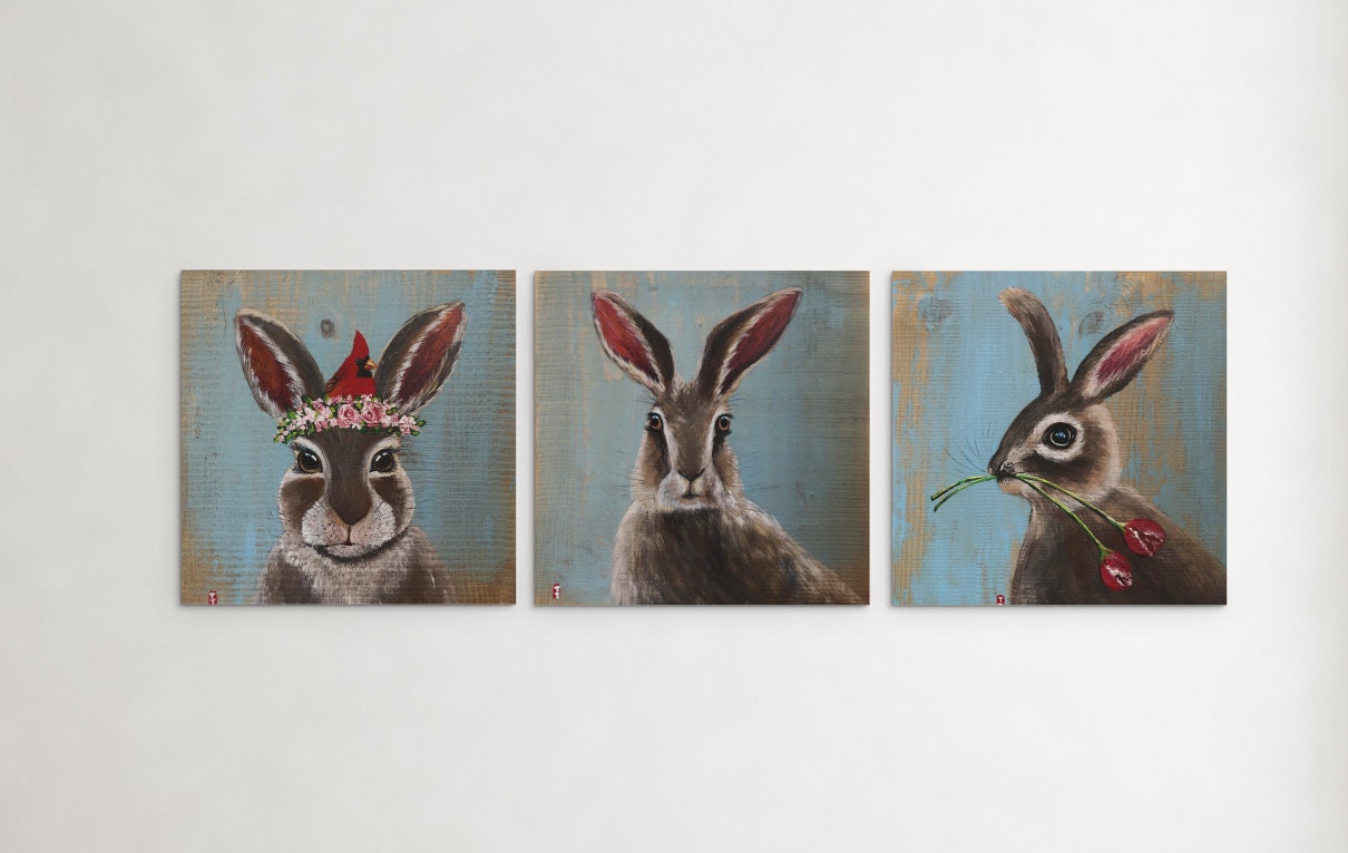 Original Bunny Painting On Wood, Spring Sign, Bunny Lover Gift, Bunny Cardinal, Easter Rabbit Painting, Gift for Mom, Gift for Grandma
