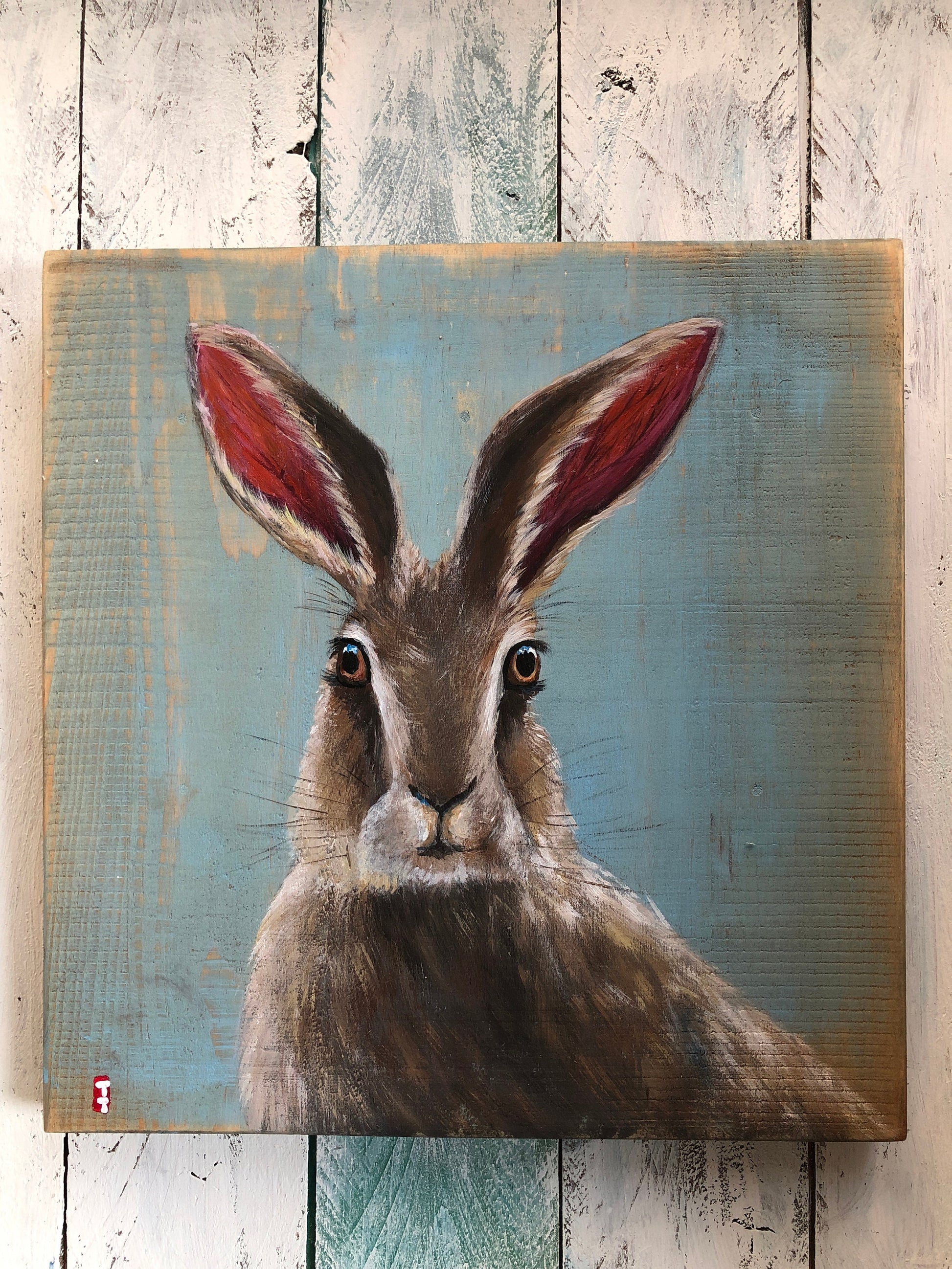 Hare Painting on Wood, Original Easter Bunny Painting, Spring Sign, Bunny Lover Gift, Gift for Mom, Farmhouse Decor, Wildlife Painting