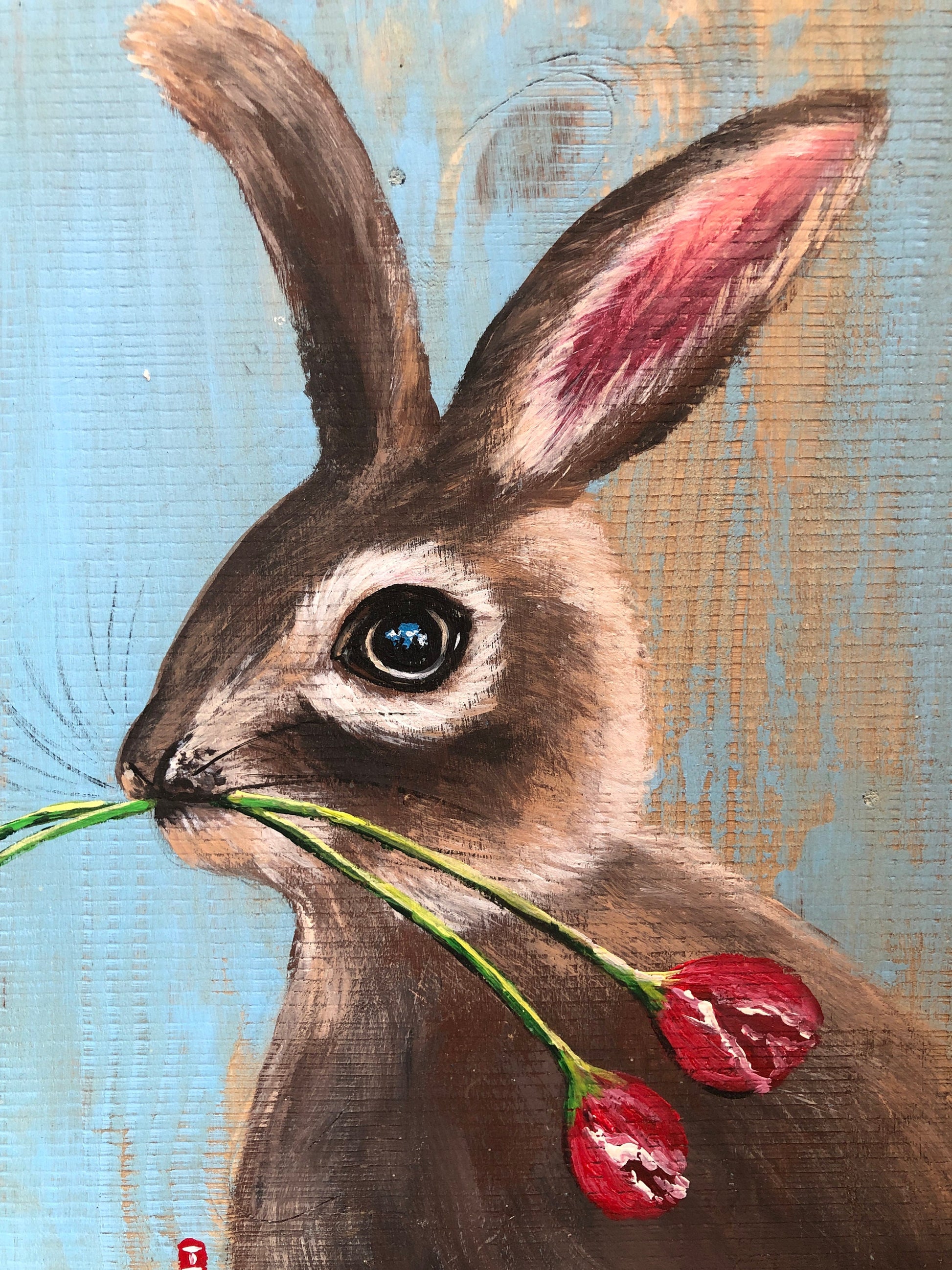 Original Bunny Painting On Wood, Spring Sign, Bunny Lover Gift, Bunny Cardinal, Easter Rabbit Painting, Gift for Mom, Gift for Grandma