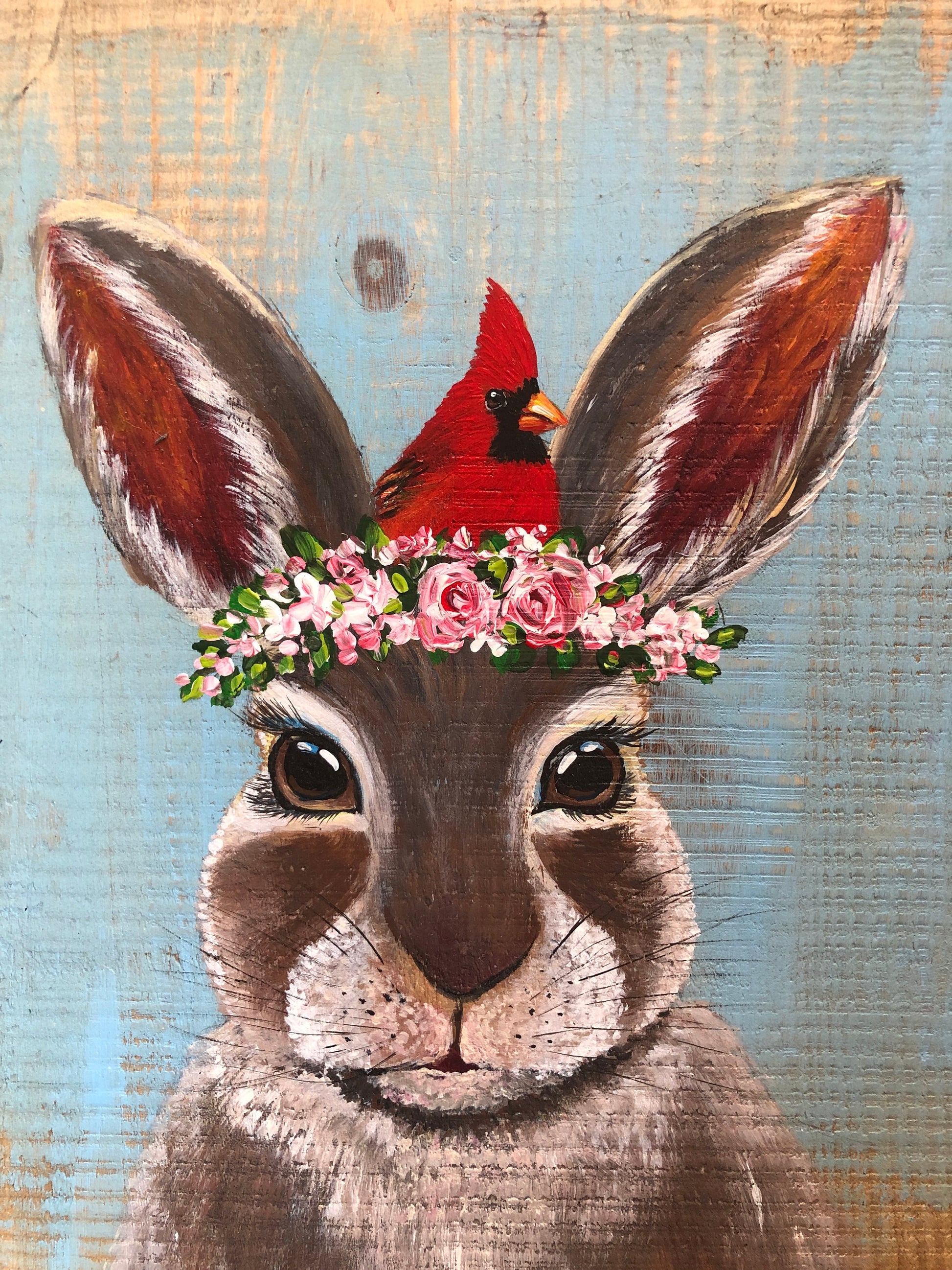 Original Bunny Painting On Wood, Spring Sign, Bunny Lover Gift, Bunny Cardinal, Easter Rabbit Painting, Gift for Mom, Gift for Grandma