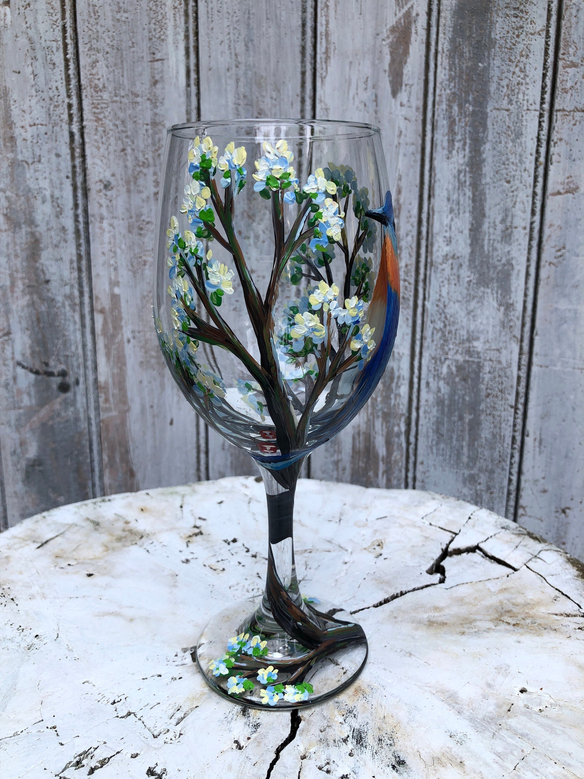 Hand-Painted Eastern Bluebird Wine Glass: Missouri New York State Bird