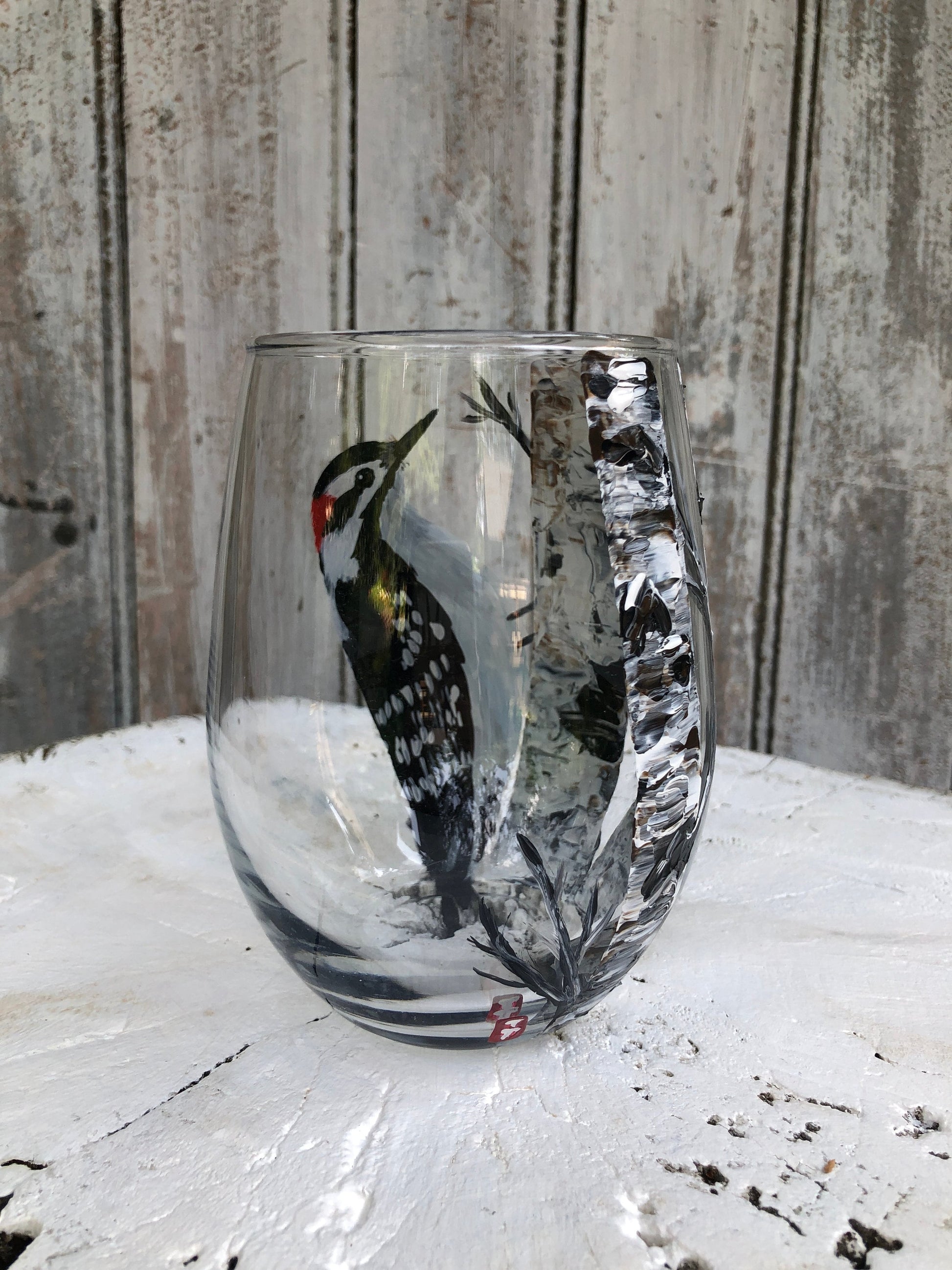 Hand Painted Woodpecker Wine Glass: Bird Lover Gift