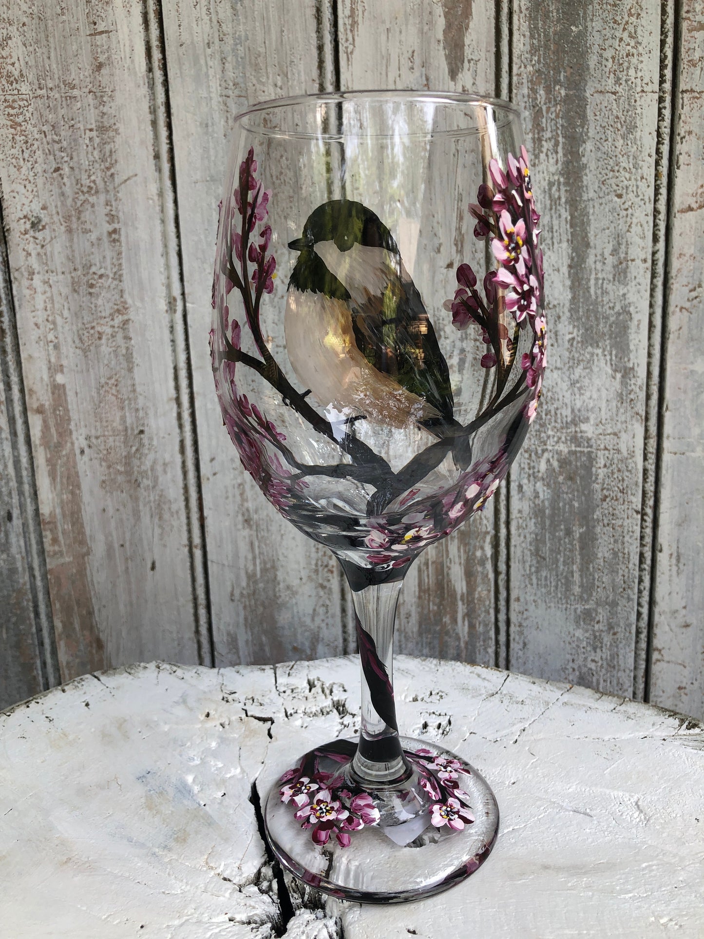 Hand-Painted Chickadee Wine Glass: Bird Lover Gift