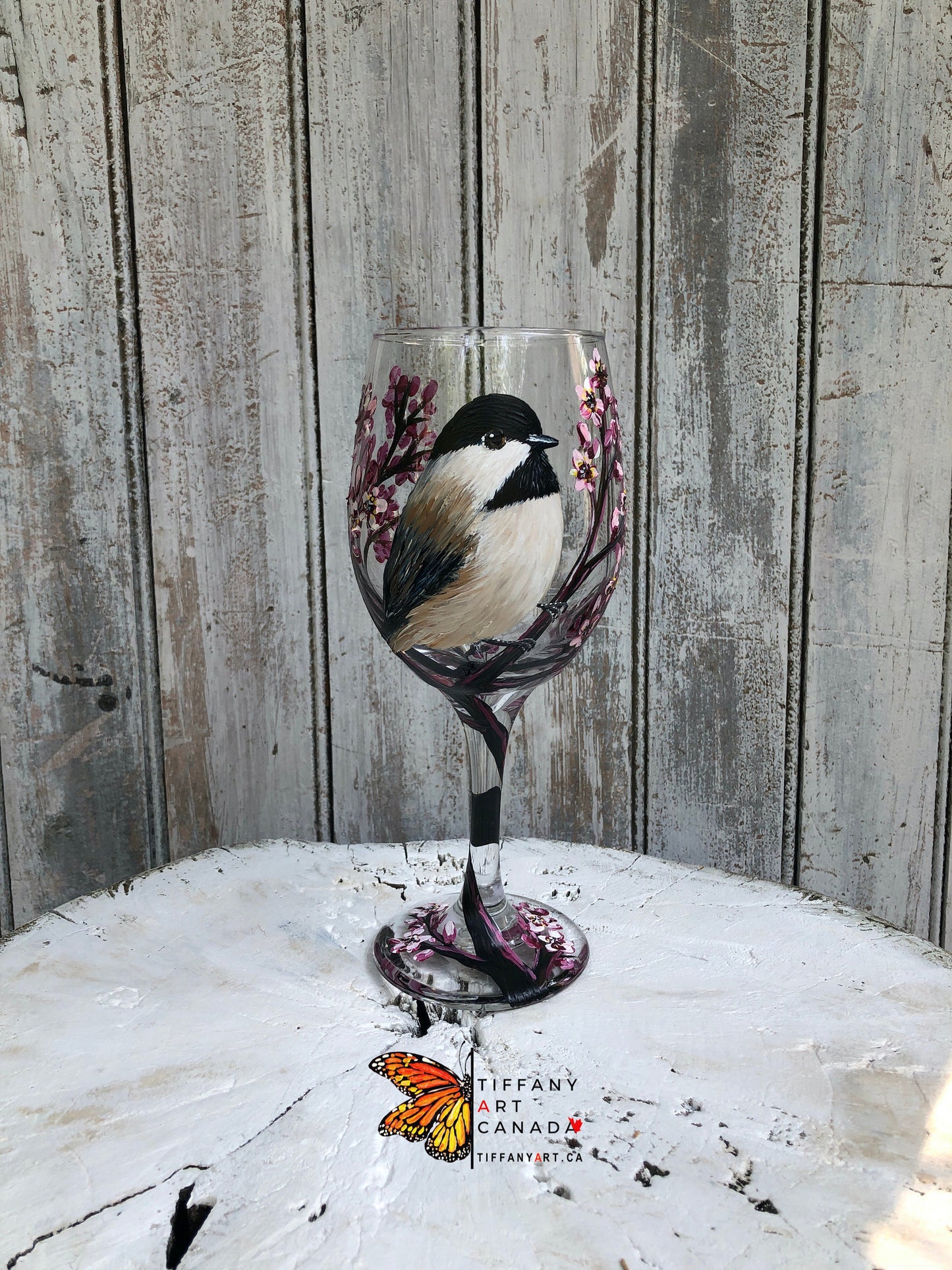 Hand-Painted Chickadee Wine Glass: Bird Lover Gift