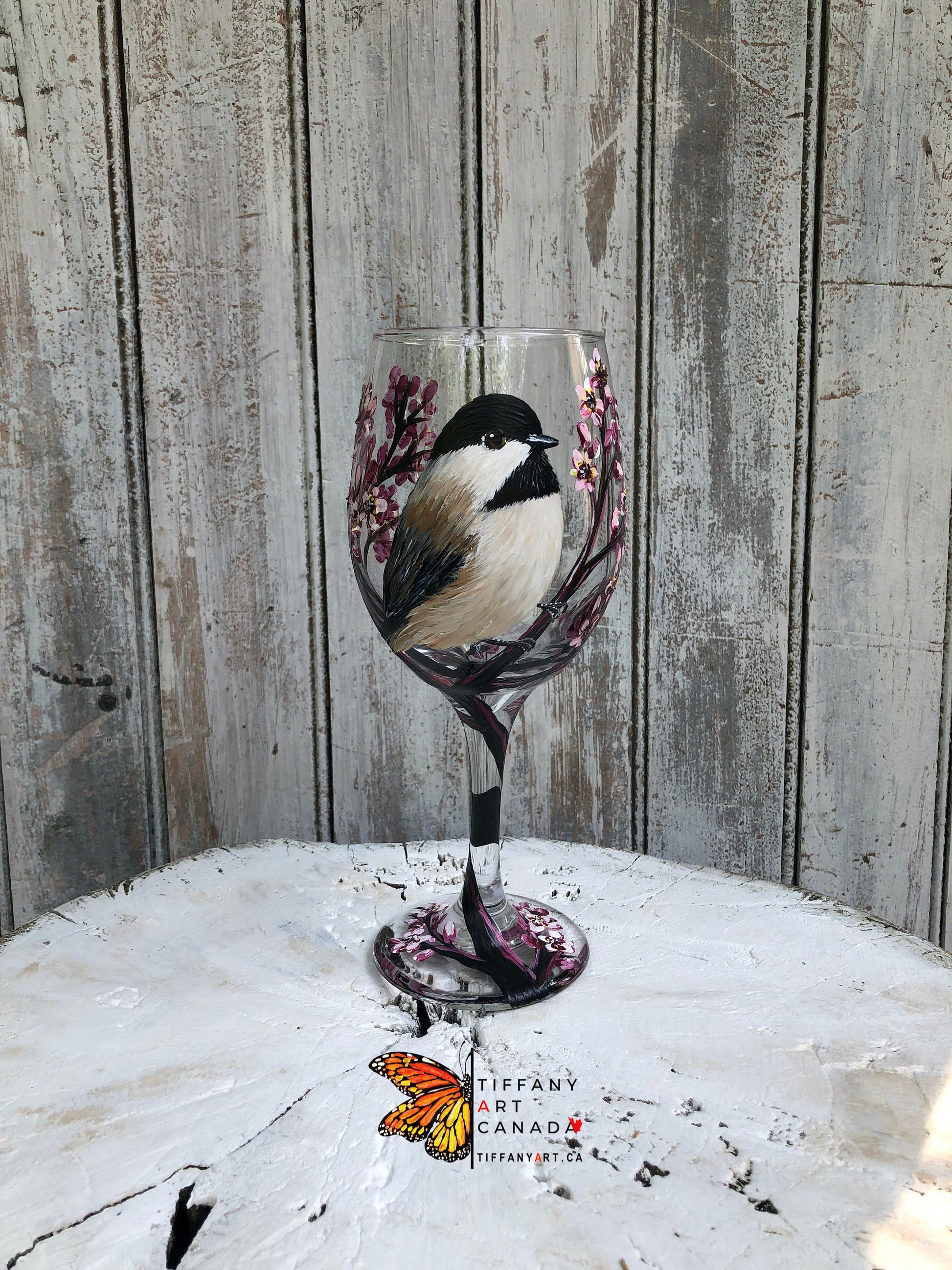 Hand-Painted Chickadee Wine Glass: Bird Lover Gift