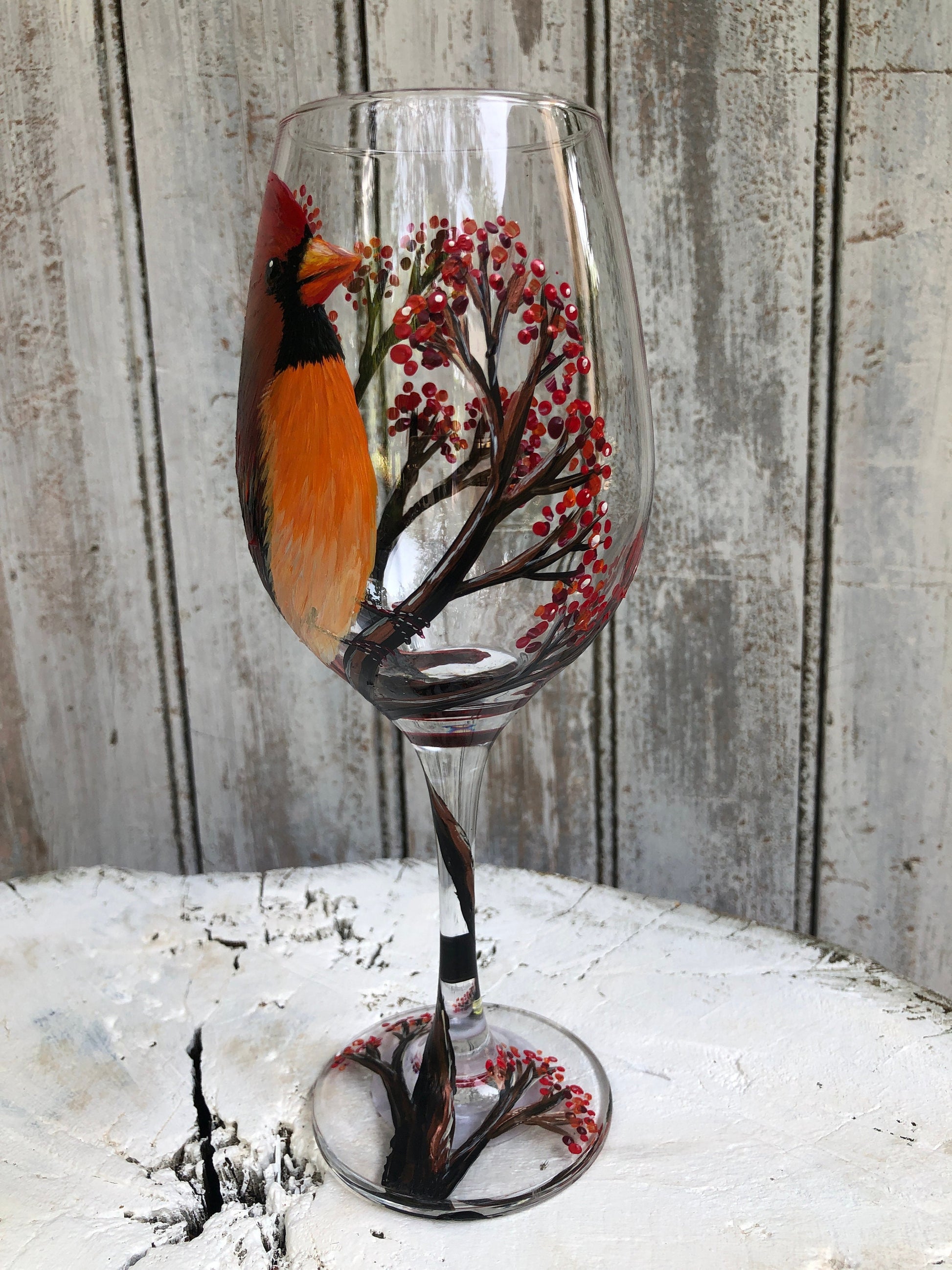 Hand-Painted Female Cardinal Wine Glass: Bird Lover Gift, Gift For Mom, Mother's Gift
