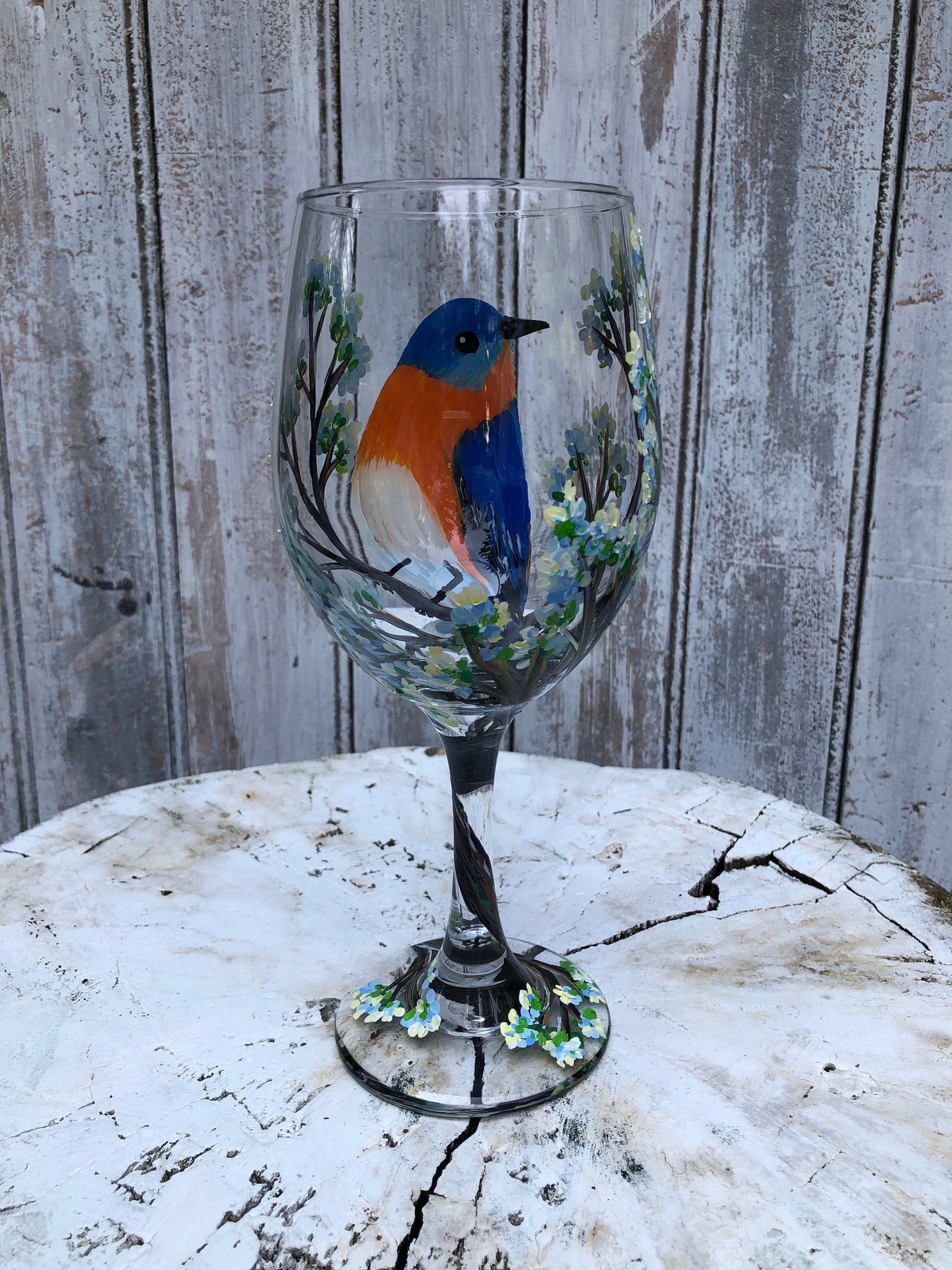 Hand-Painted Eastern Bluebird Wine Glass: Missouri New York State Bird