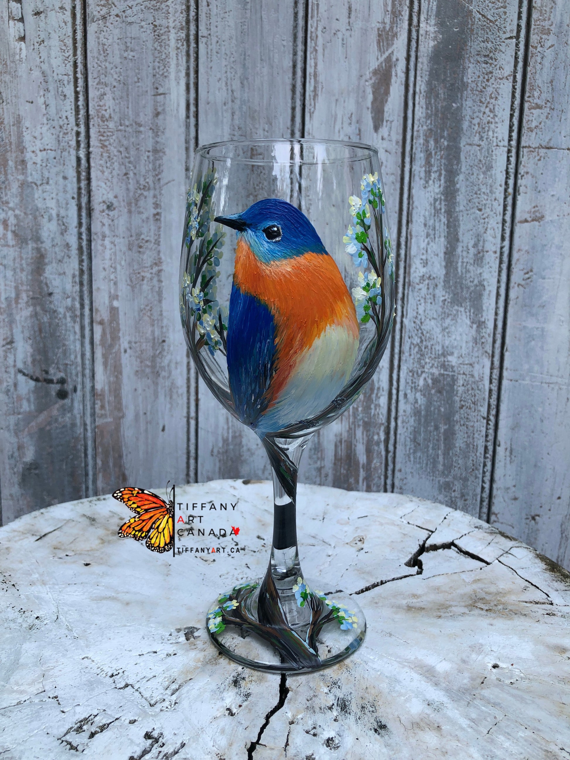 Hand-Painted Eastern Bluebird Wine Glass: Missouri New York State Bird
