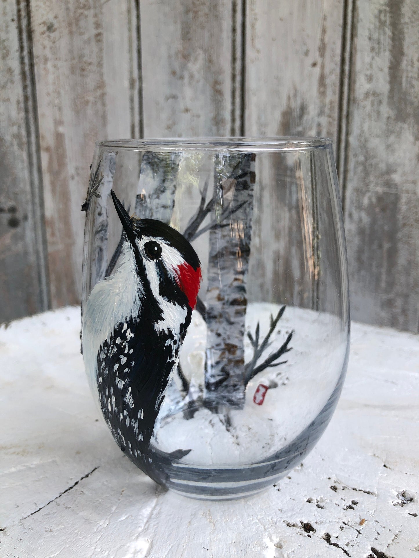 Hand Painted Woodpecker Wine Glass: Bird Lover Gift