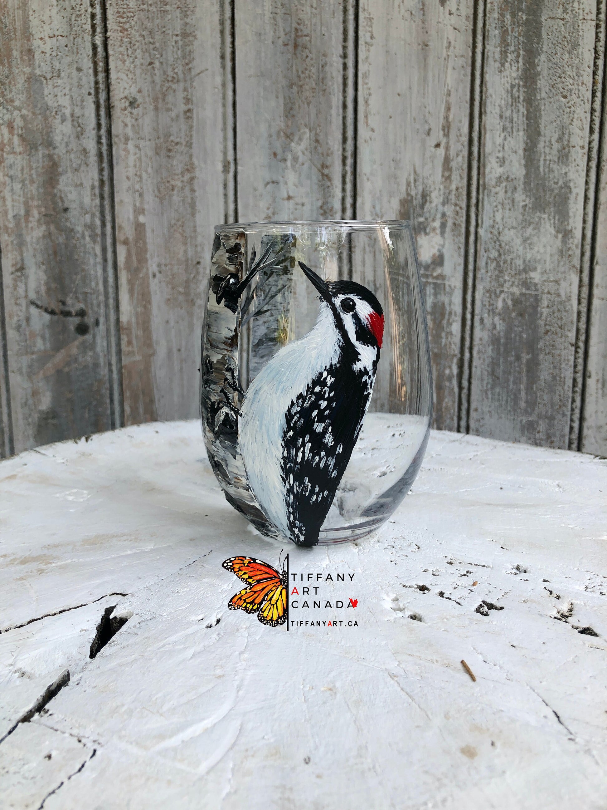 Hand Painted Woodpecker Wine Glass: Bird Lover Gift