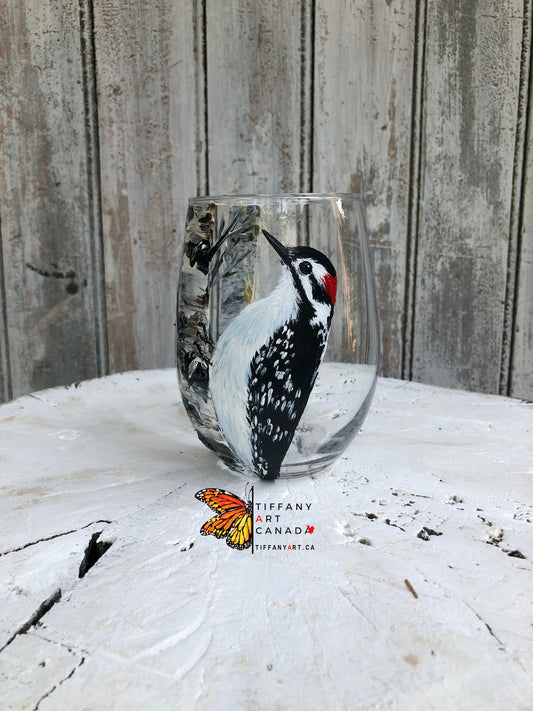 Hand Painted Woodpecker Wine Glass: Bird Lover Gift