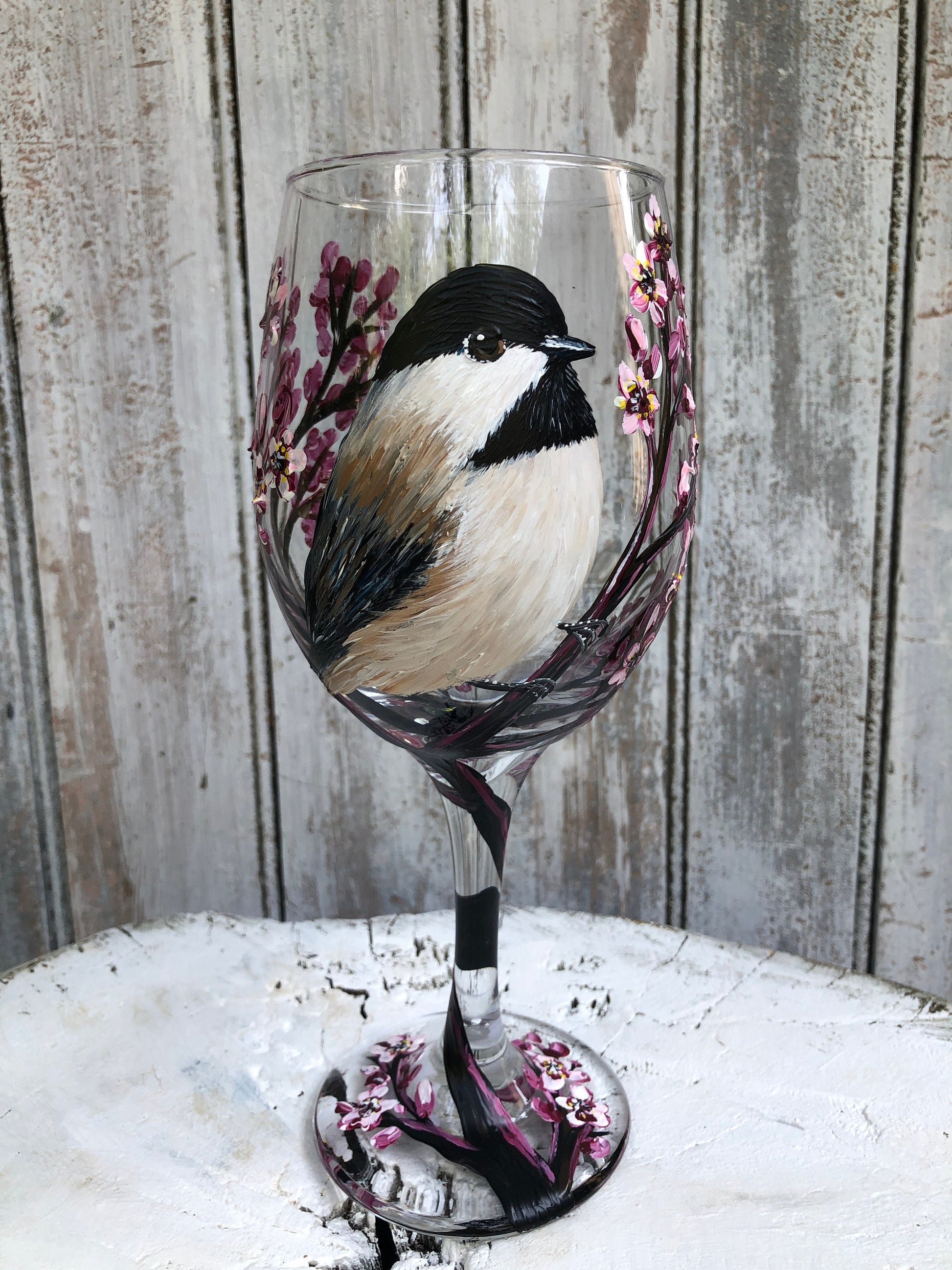 Hand-Painted Chickadee Wine Glass: Bird Lover Gift