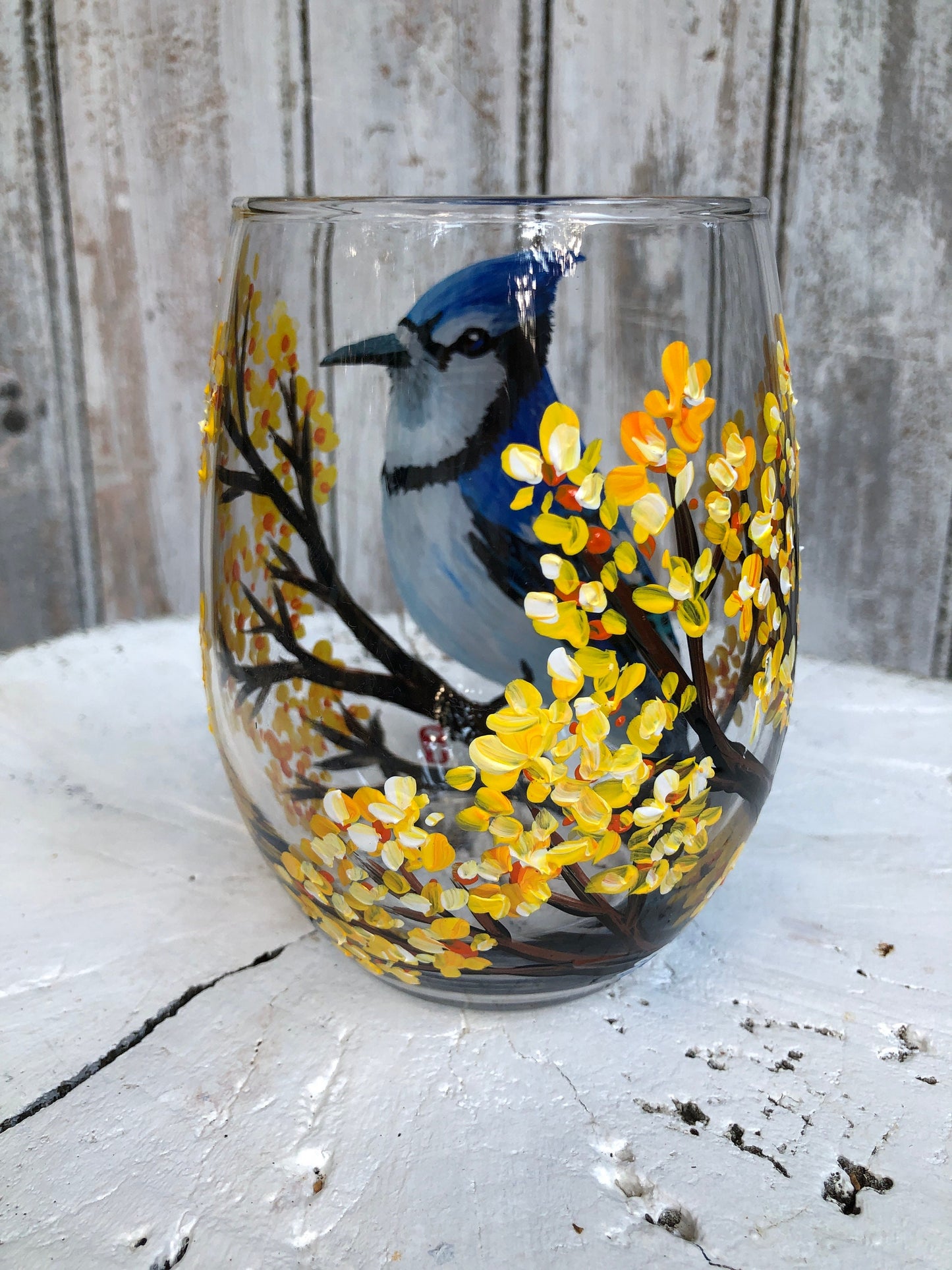 Hand Painted Bird Tumbler, Blue Jay Gift, Christmas Gift, Bird Gifts for Women, Bird Lover Gift, Bird Watching, Blue Jay Paining, Wine Glass