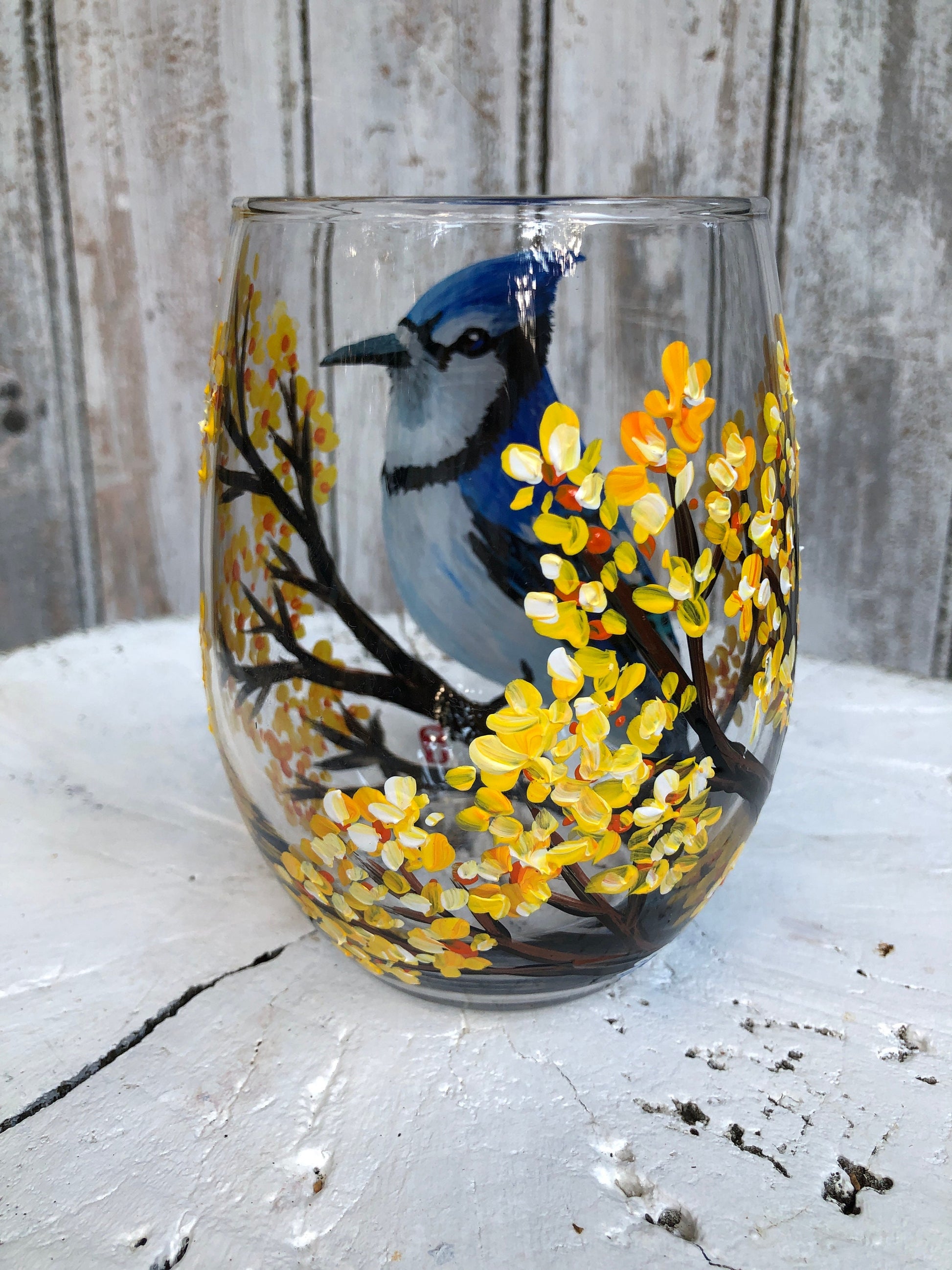 Hand Painted Bird Wine Glass: Blue Jay Tumbler, Bird Lover Gift
