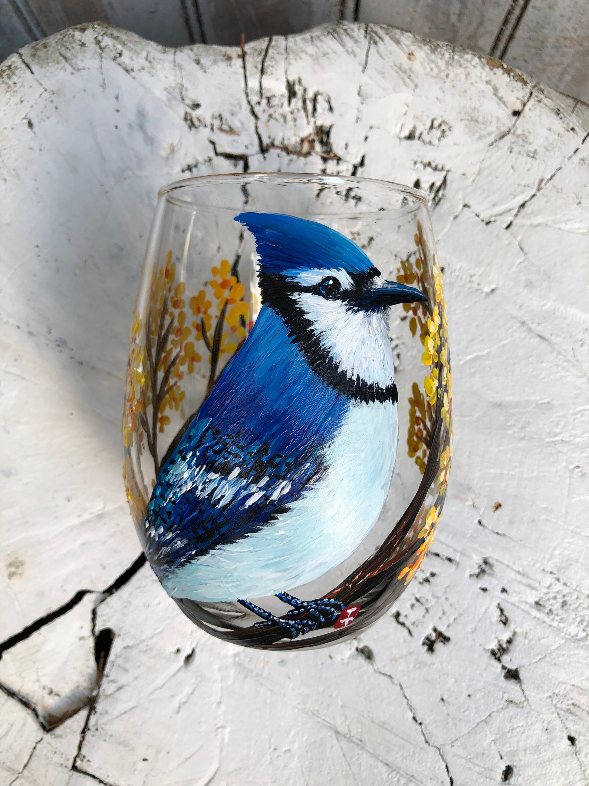 Hand Painted Bird Tumbler, Blue Jay Gift, Christmas Gift, Bird Gifts for Women, Bird Lover Gift, Bird Watching, Blue Jay Paining, Wine Glass