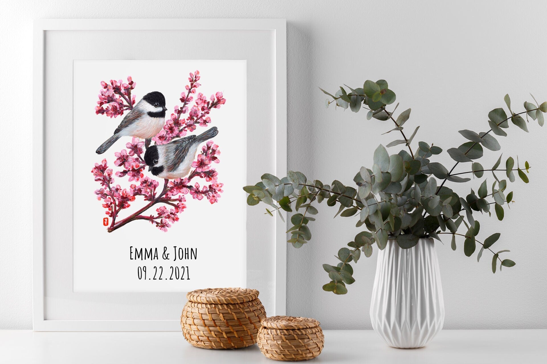 Personalized Chickadee Couple Print