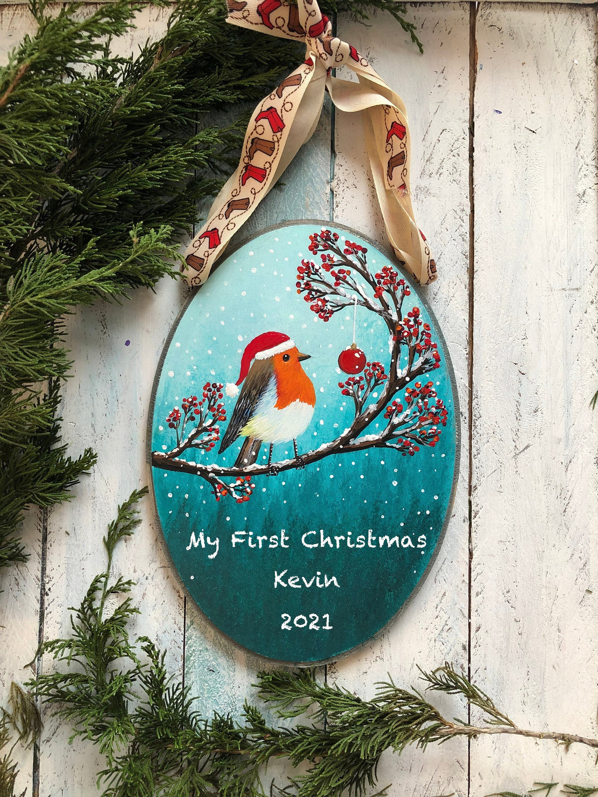 Hand painted My First Christmas robin ornament personalized with baby name