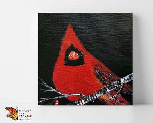 Original Cardinal Acrylic Painting, Christmas Red Bird Art, 6x6