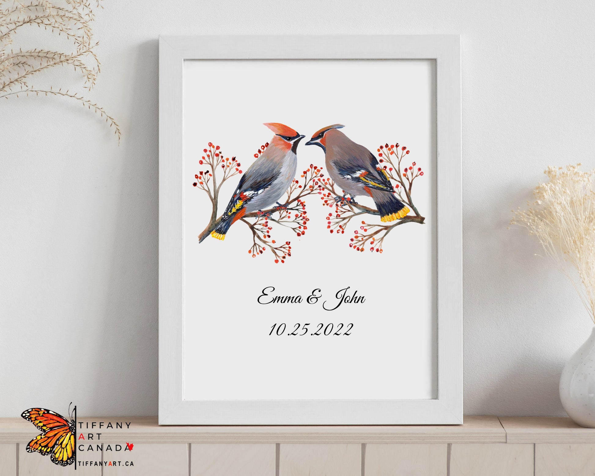 Personalized Waxwing Bird Couple Print