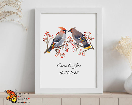 Personalized Waxwing Bird Couple Print