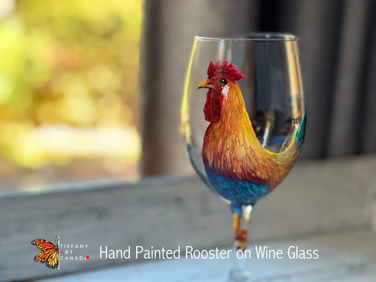 Hand Painted Rooster Wine Glass: Unique Bird Decor