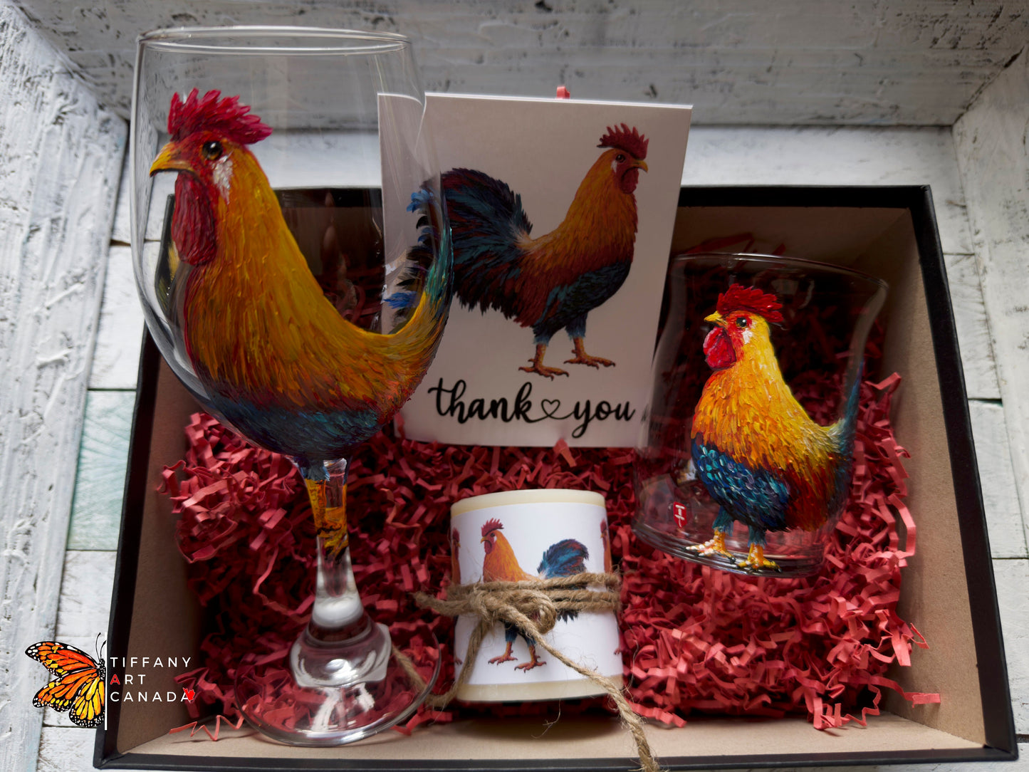 Hand Painted Rooster Wine Glass Gift Set, Personalized Christmas Gift