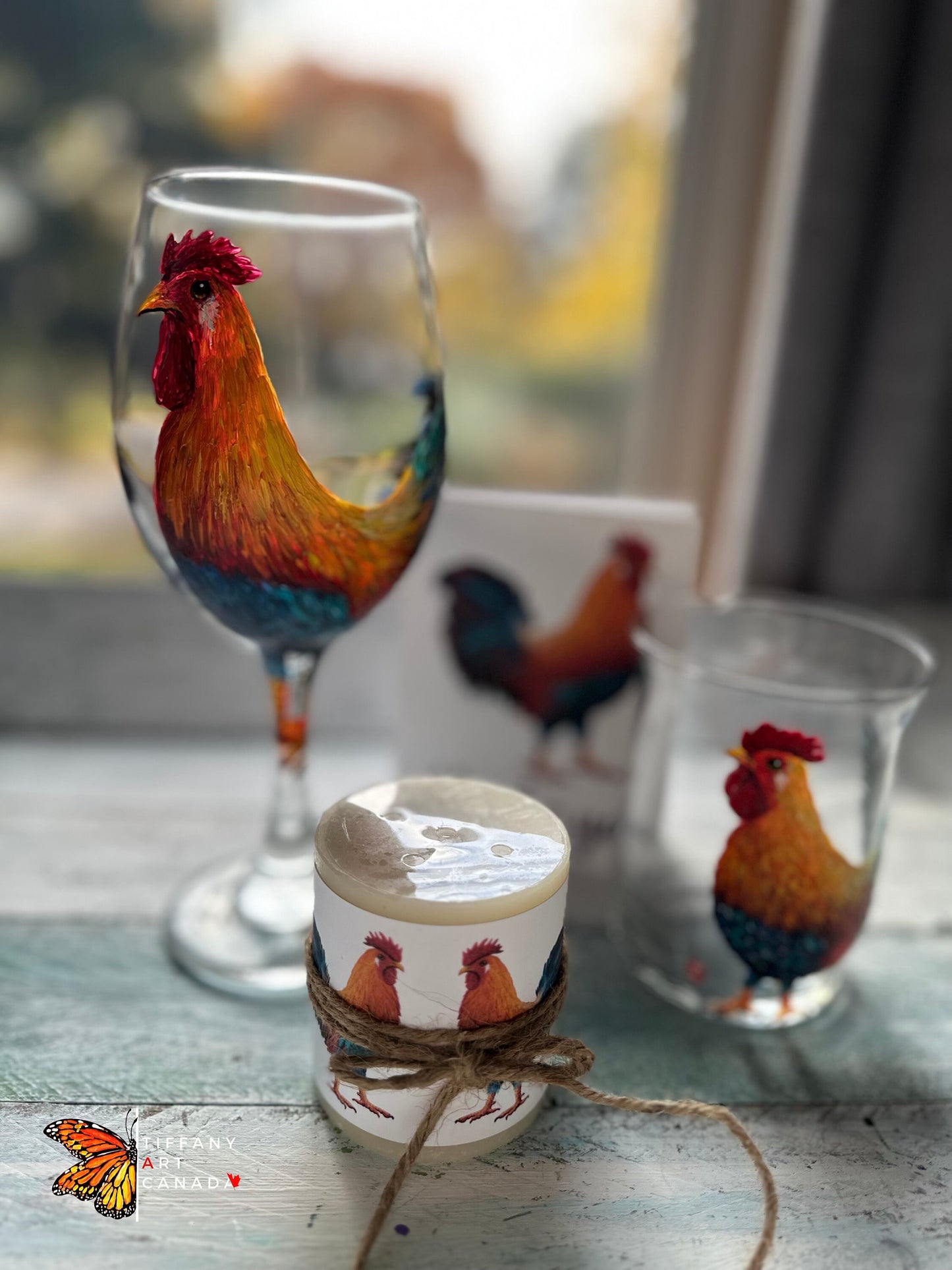 Hand Painted Rooster Wine Glass Gift Set, Personalized Christmas Gift