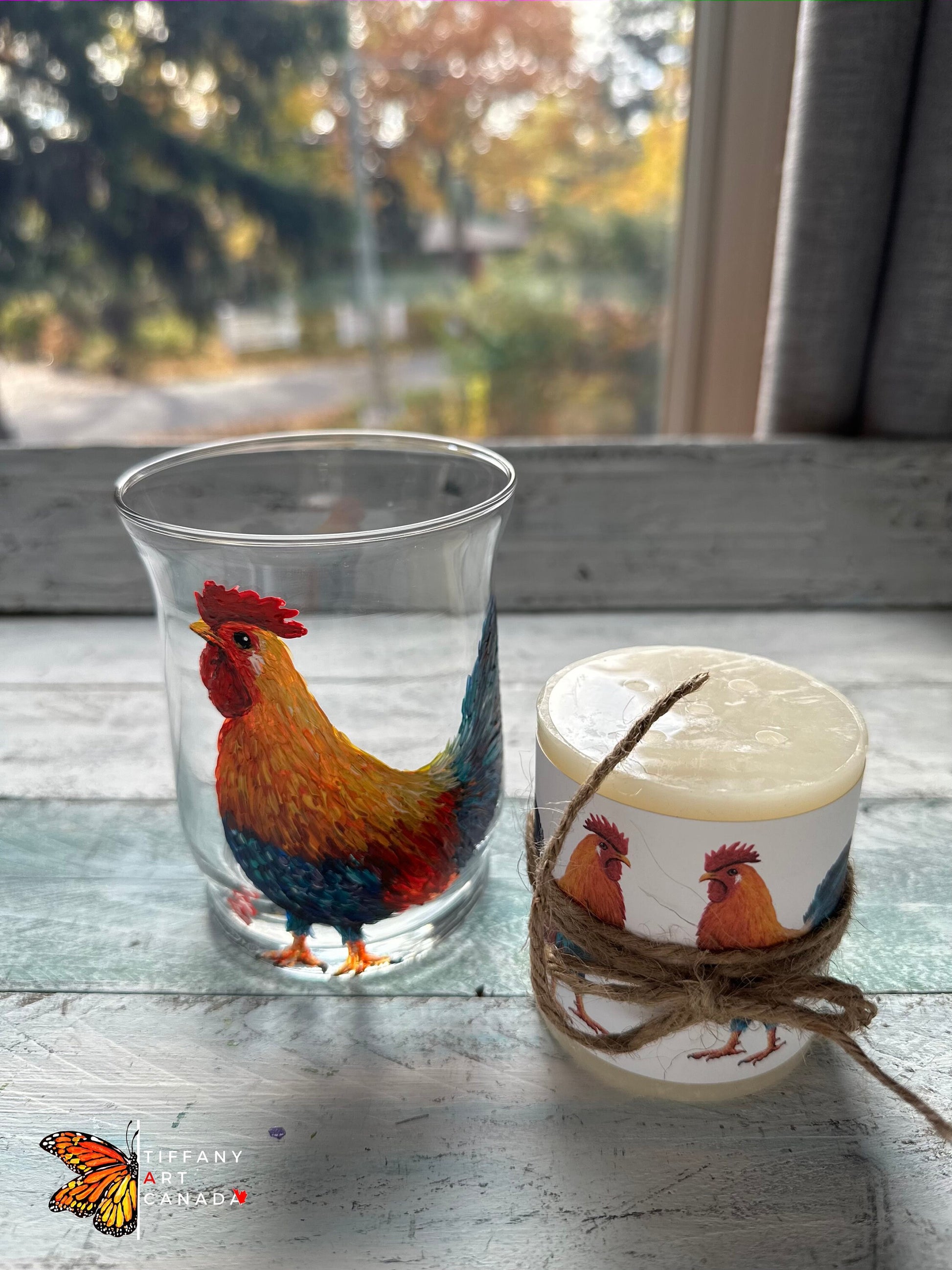Hand Painted Rooster Wine Glass Gift Set, Personalized Christmas Gift