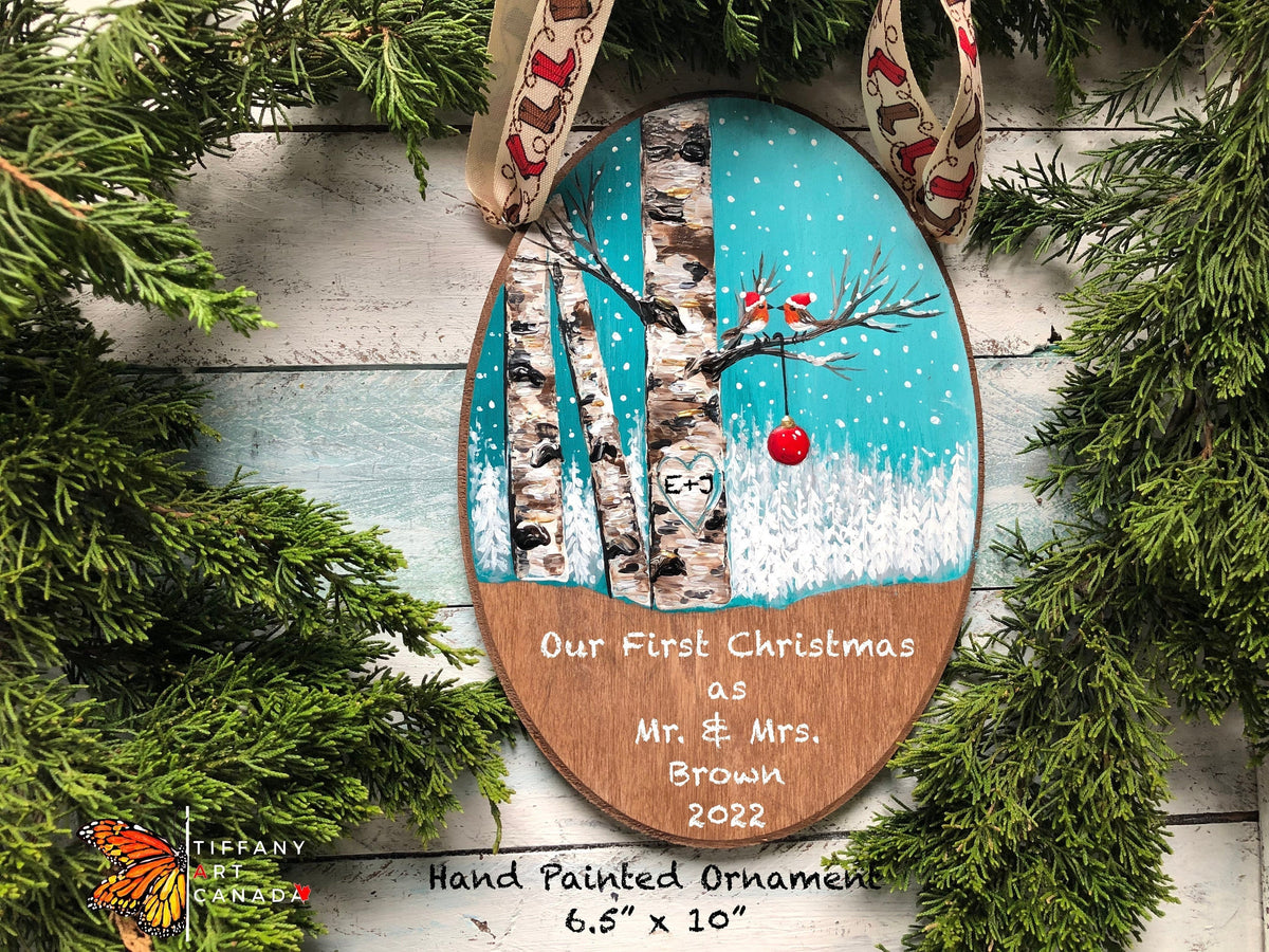 Our First Christmas ornament with love birds and birch trees, hand painted