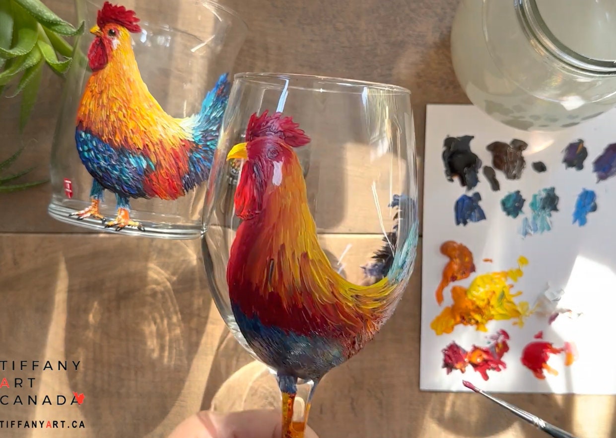 Hand Painted Rooster Wine Glass Gift Set, Personalized Christmas Gift