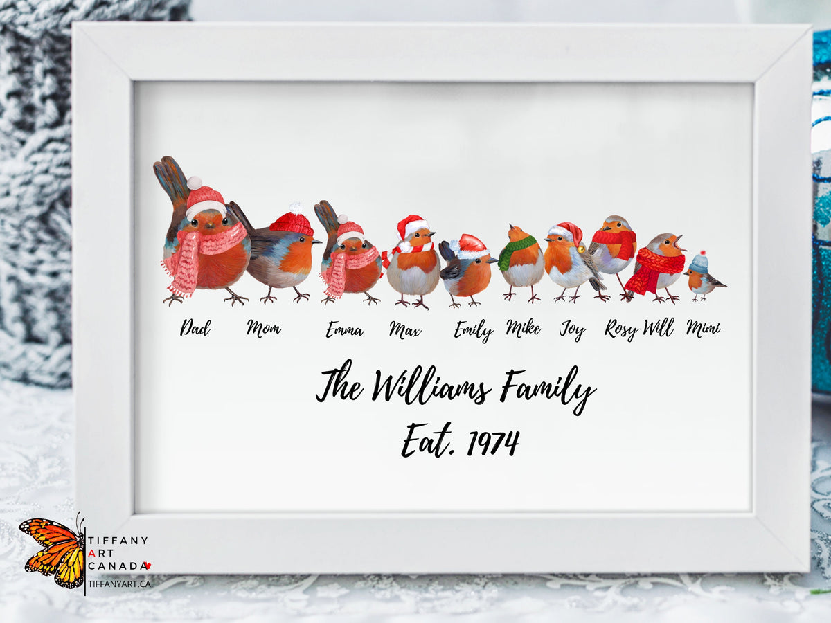 Personalized Christmas robin family print with family names