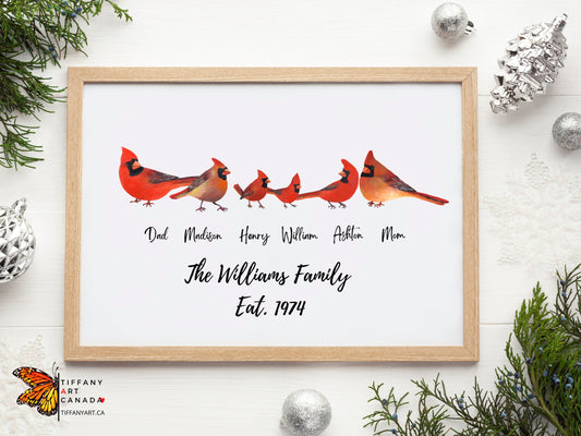 Personalized cardinal family Christmas print with family names