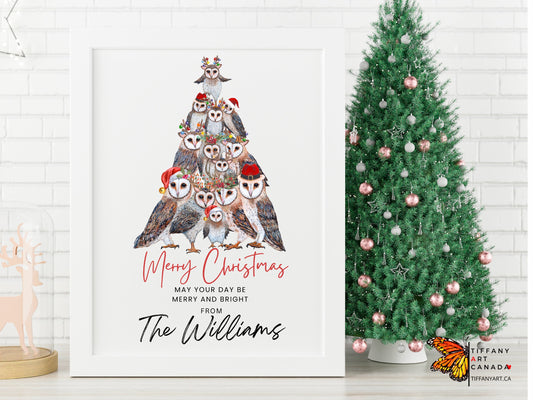 Personalized owl family Christmas print with family names