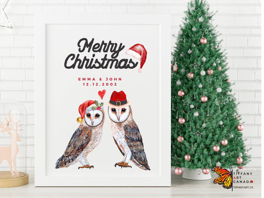 Personalized barn owl couple Christmas print