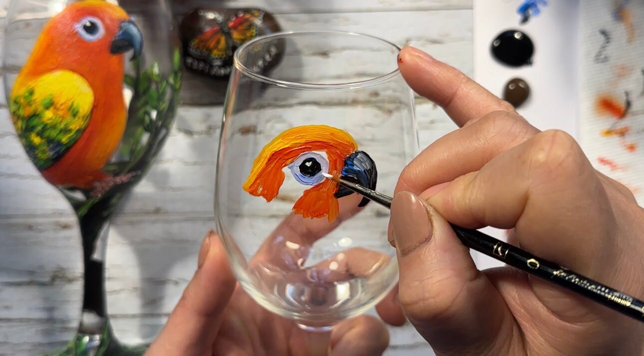 Hand Painted Sun Conure Wine Glass: Bird Lover Gift