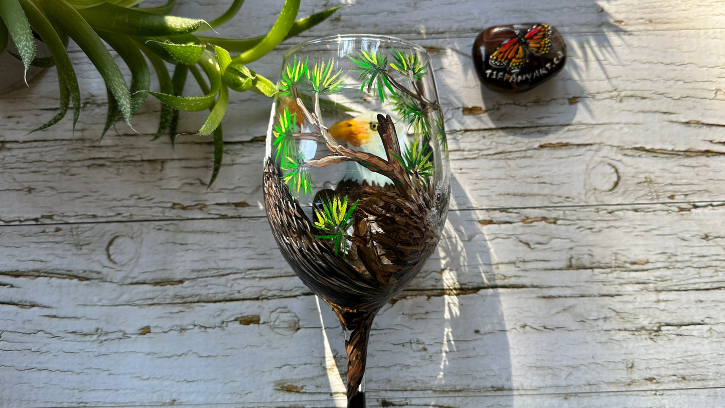 Hand Painted Eagle Family Wine Glass, Bird Lover Gift